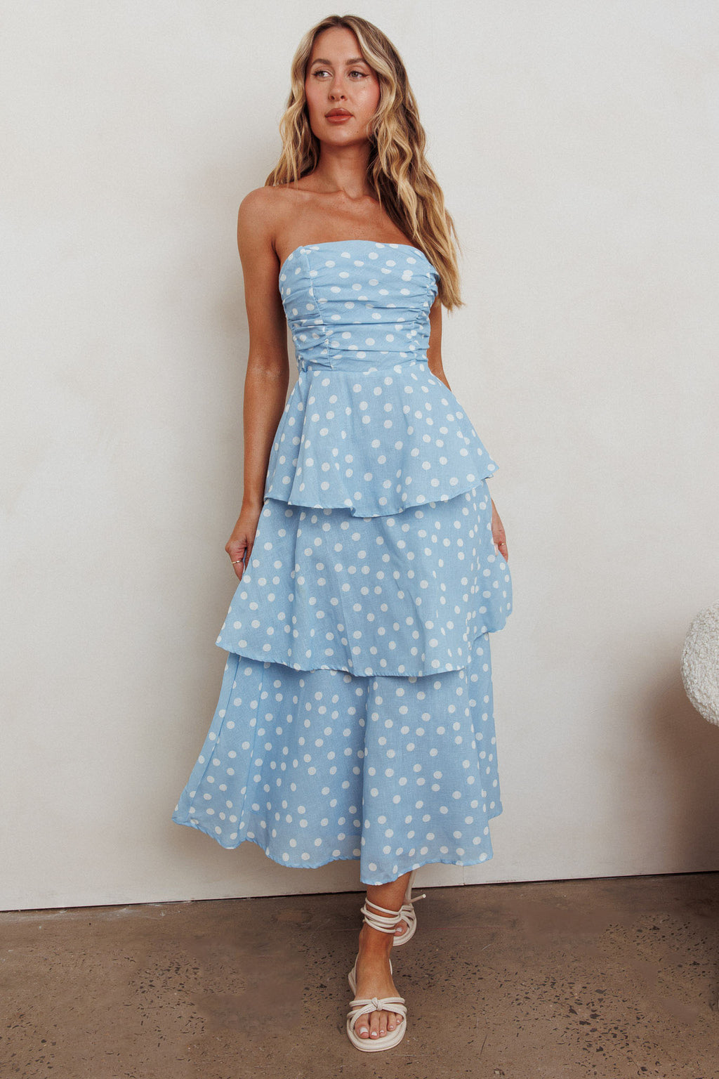 Lorcan Strapless Ruffle Dotted Midi Dress Blue by Selfie Leslie Australia