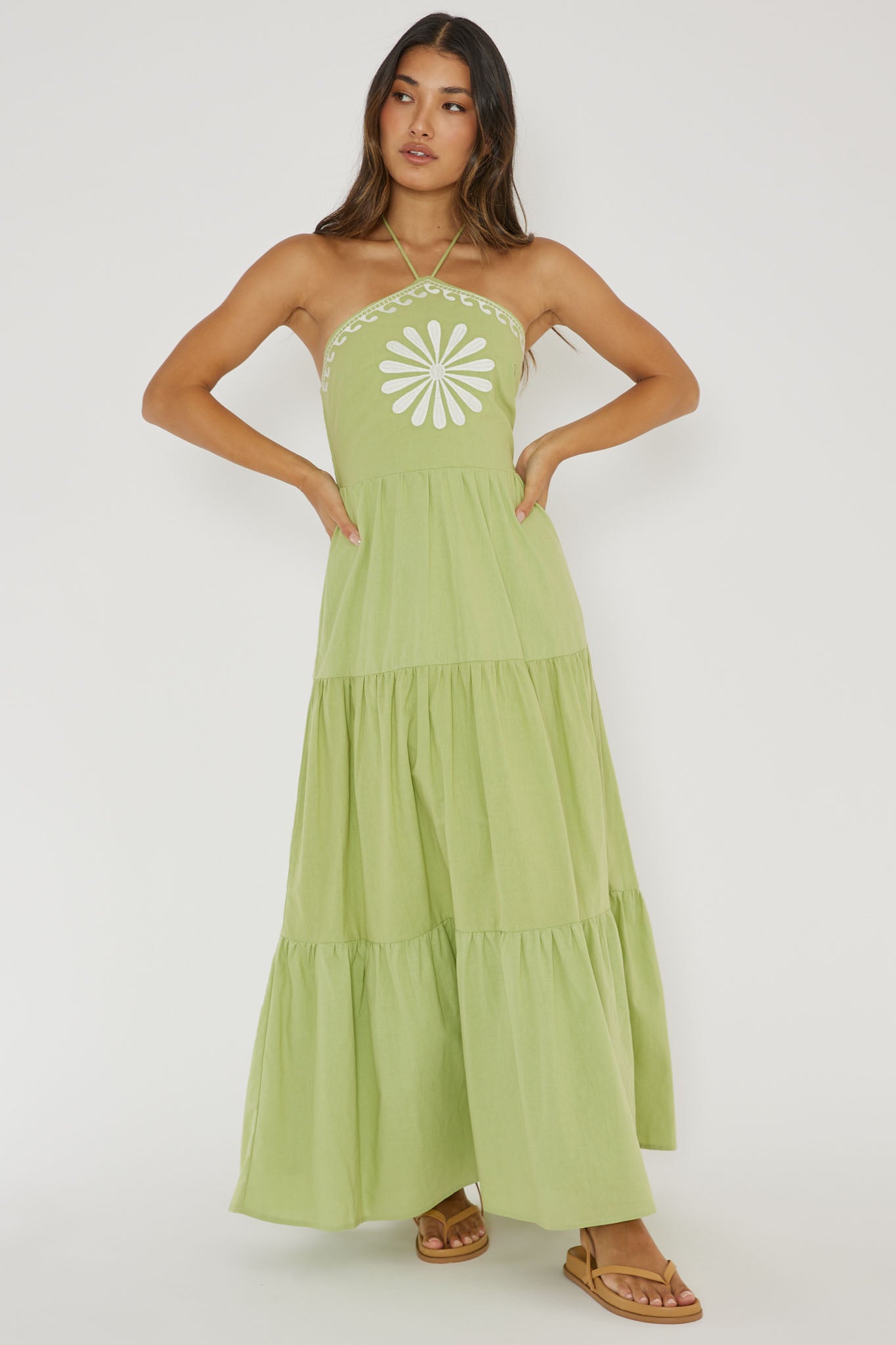 Life Elixir Halterneck Embroidered Maxi Dress Green by Selfie Leslie Australia