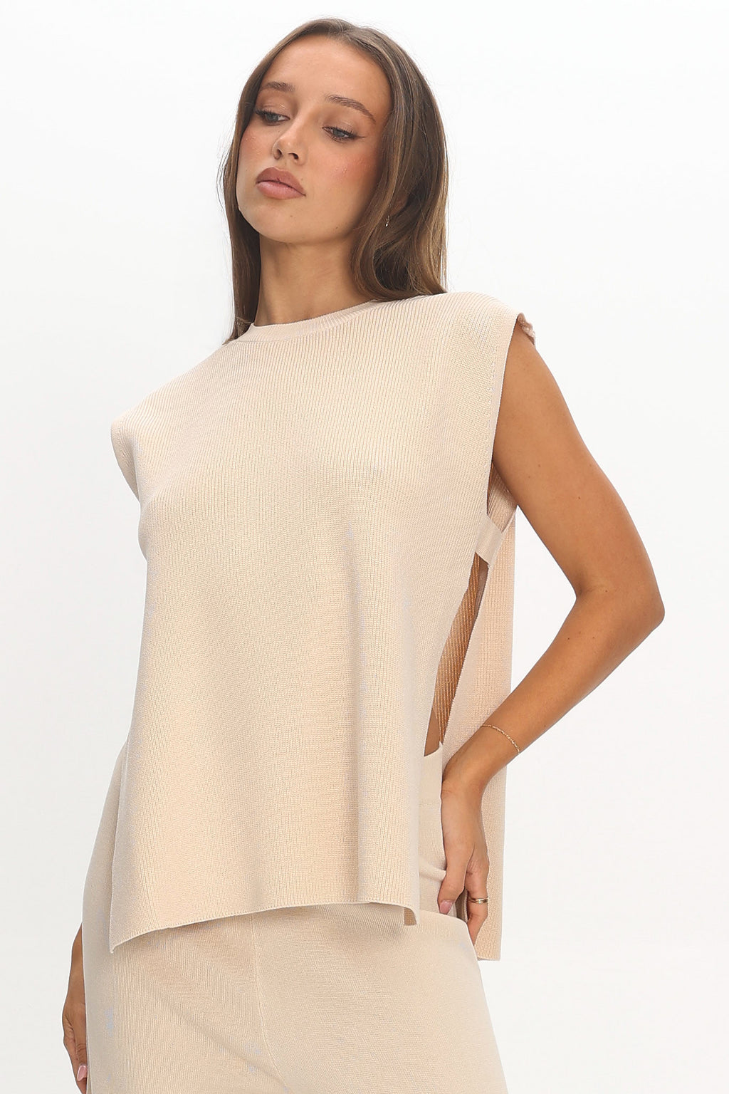 Homebody Side Slit Ribbed Knit Top Oat by Selfie Leslie Australia