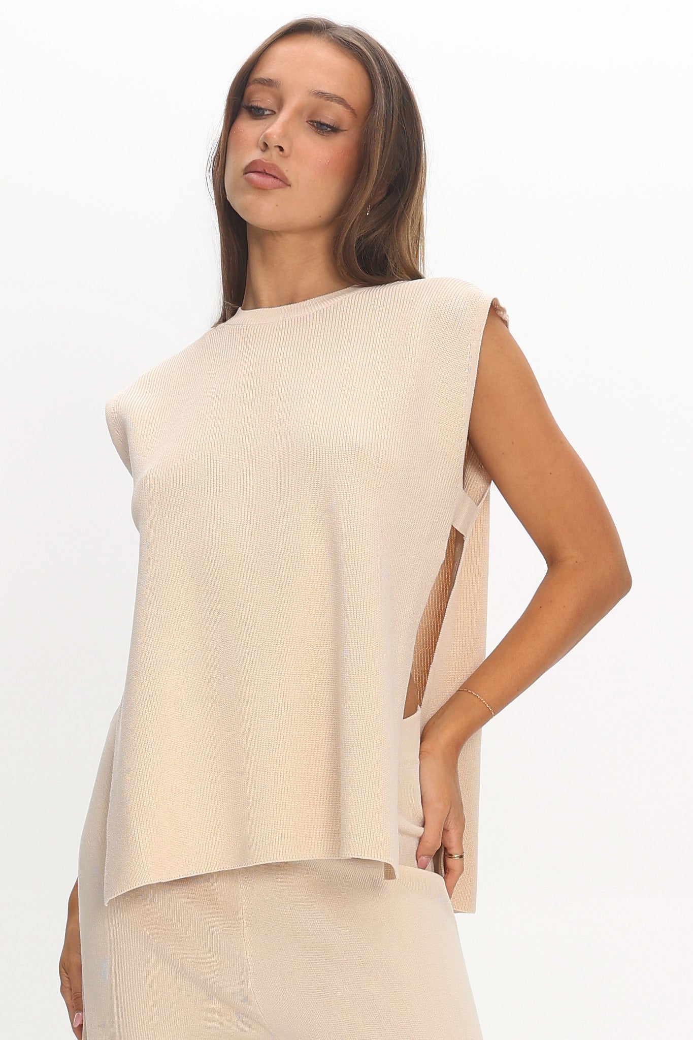 Homebody Side Slit Ribbed Knit Top Oat by Selfie Leslie Australia