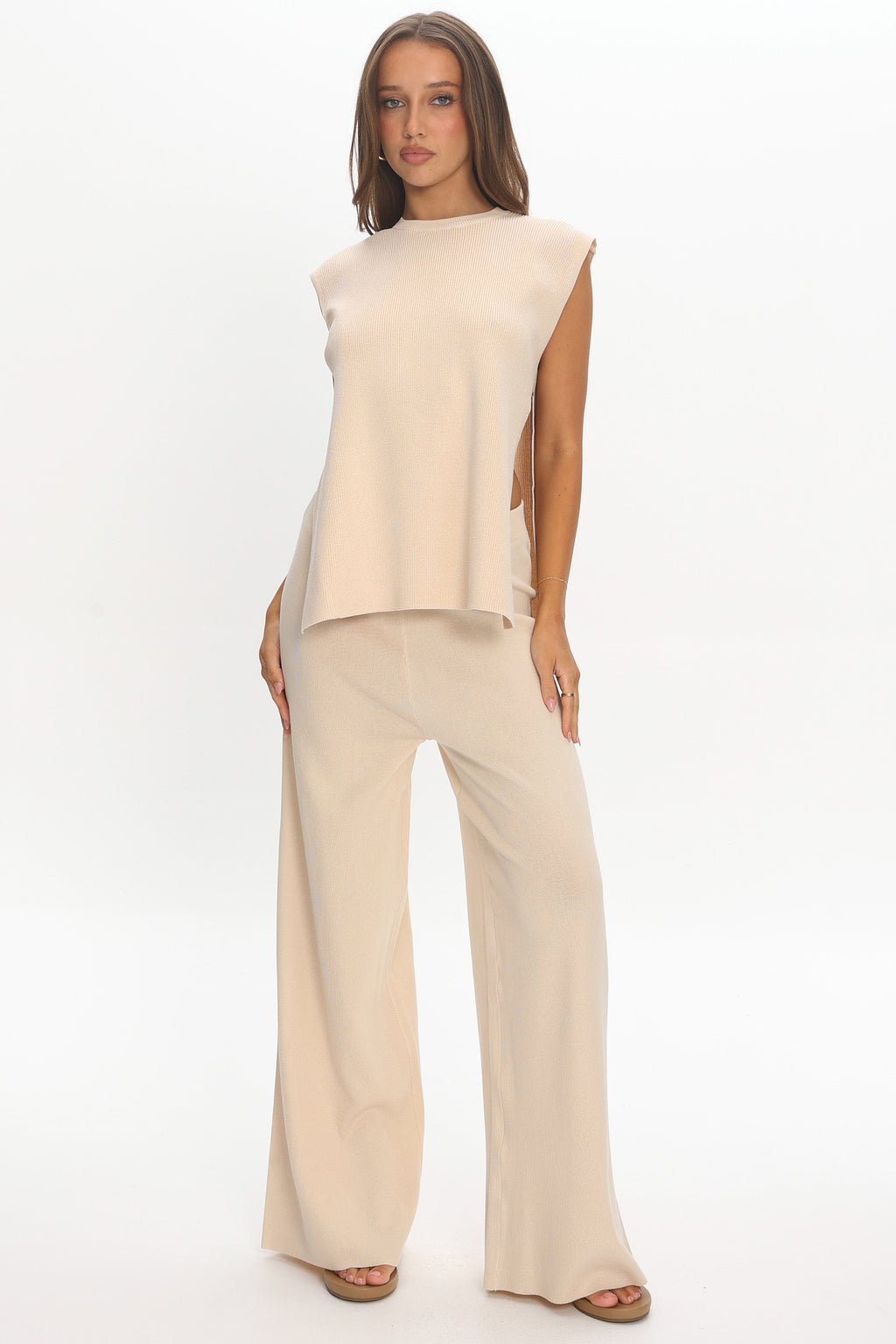 Homebody Side Slit Ribbed Knit Top Oat by Selfie Leslie Australia