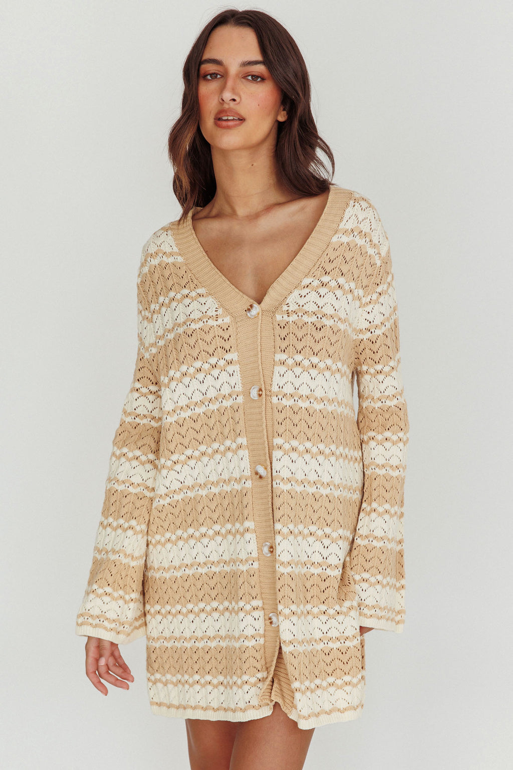 Maysah Button-Up Knit Shirt Dress Nude Ivory by Selfie Leslie Australia
