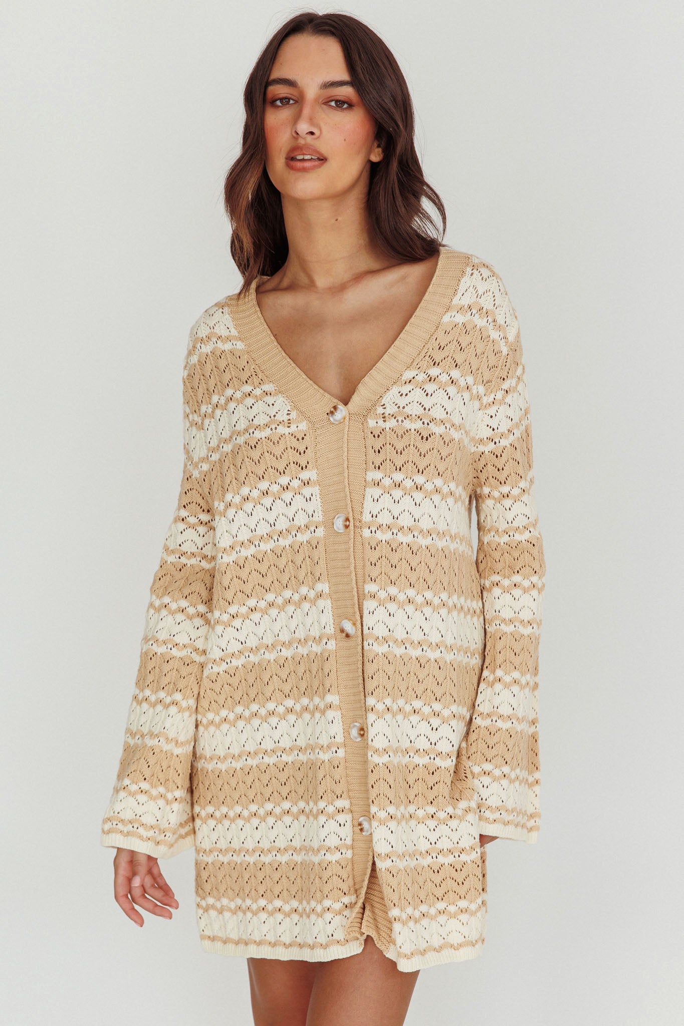 Maysah Button-Up Knit Shirt Dress Nude Ivory by Selfie Leslie Australia