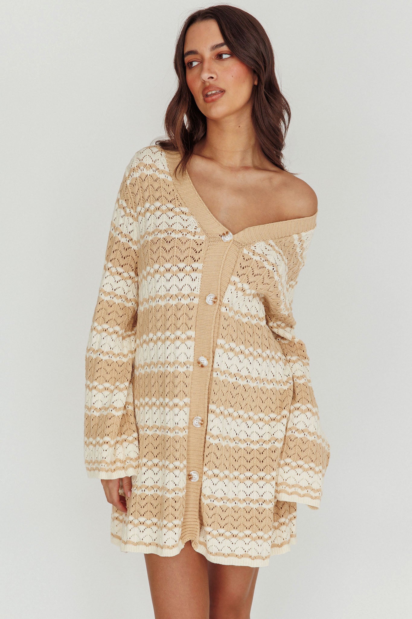 Maysah Button-Up Knit Shirt Dress Nude Ivory by Selfie Leslie Australia