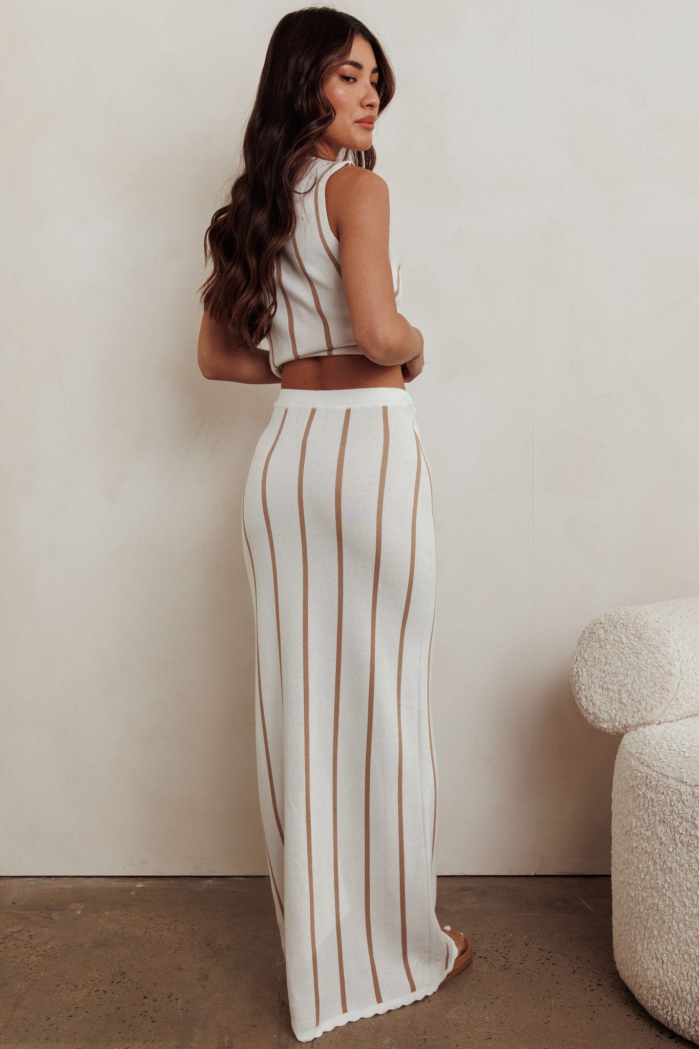 Aster Striped Maxi Knit Skirt Beige by Selfie Leslie Australia