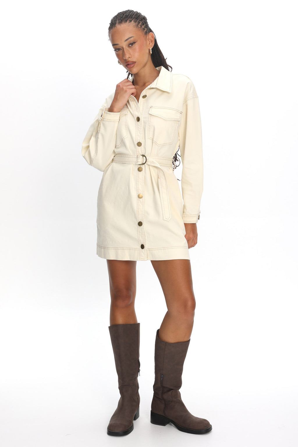 Mariska Collared Long Sleeve Mini Dress Butter by Selfie Leslie Australia