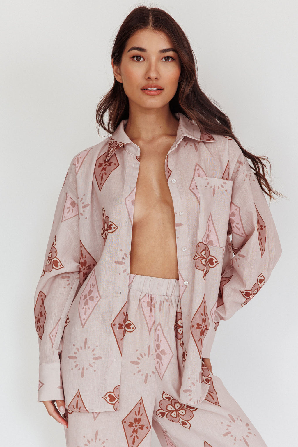 Alex Motif Collared Buttoned Shirt Mocha by Selfie Leslie Australia