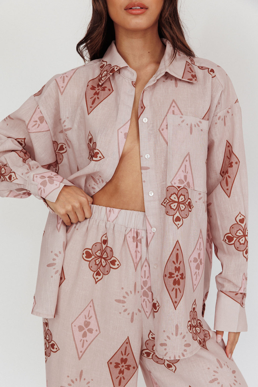 Alex Motif Collared Buttoned Shirt Mocha by Selfie Leslie Australia