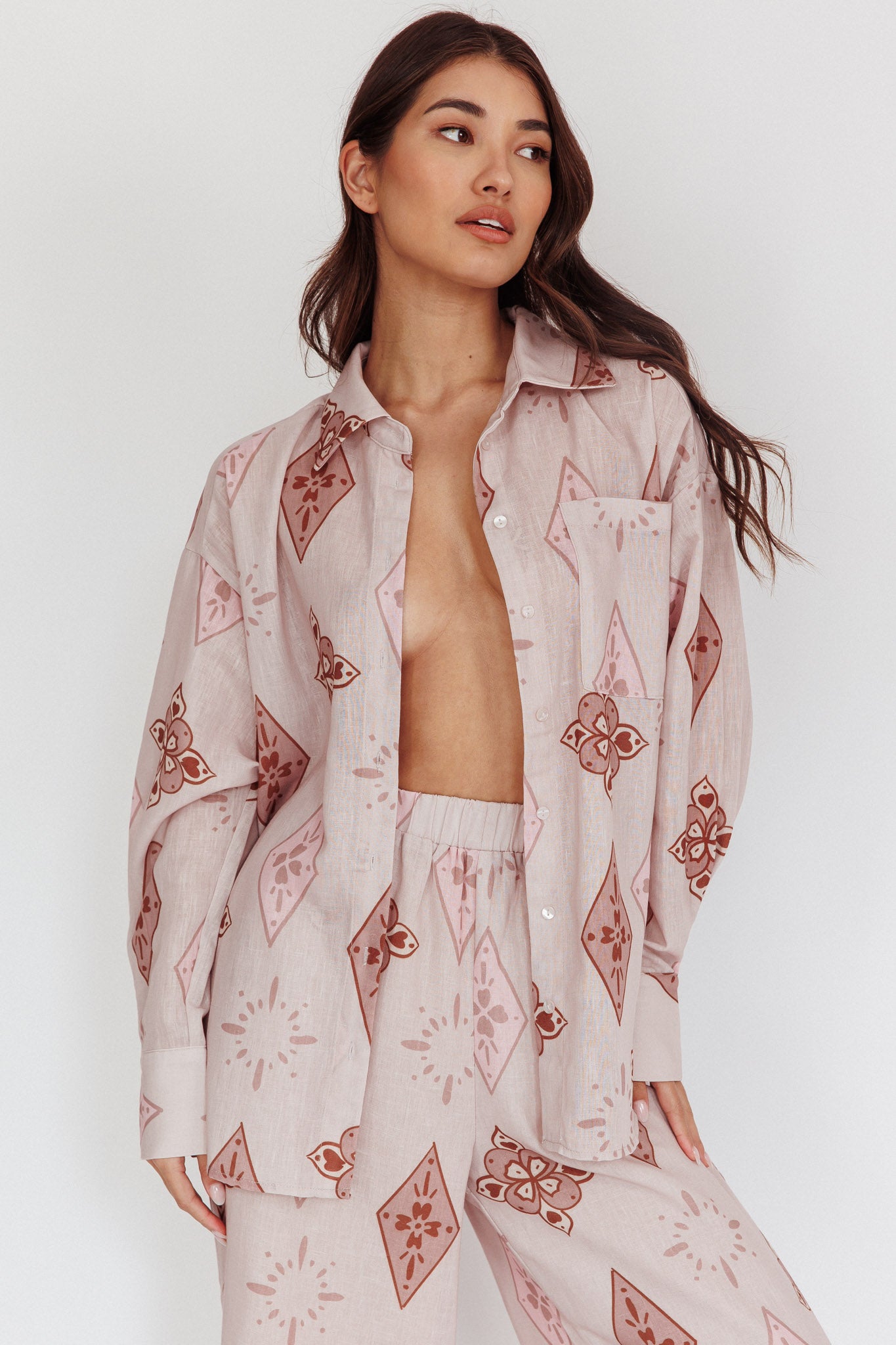Alex Motif Collared Buttoned Shirt Mocha by Selfie Leslie Australia