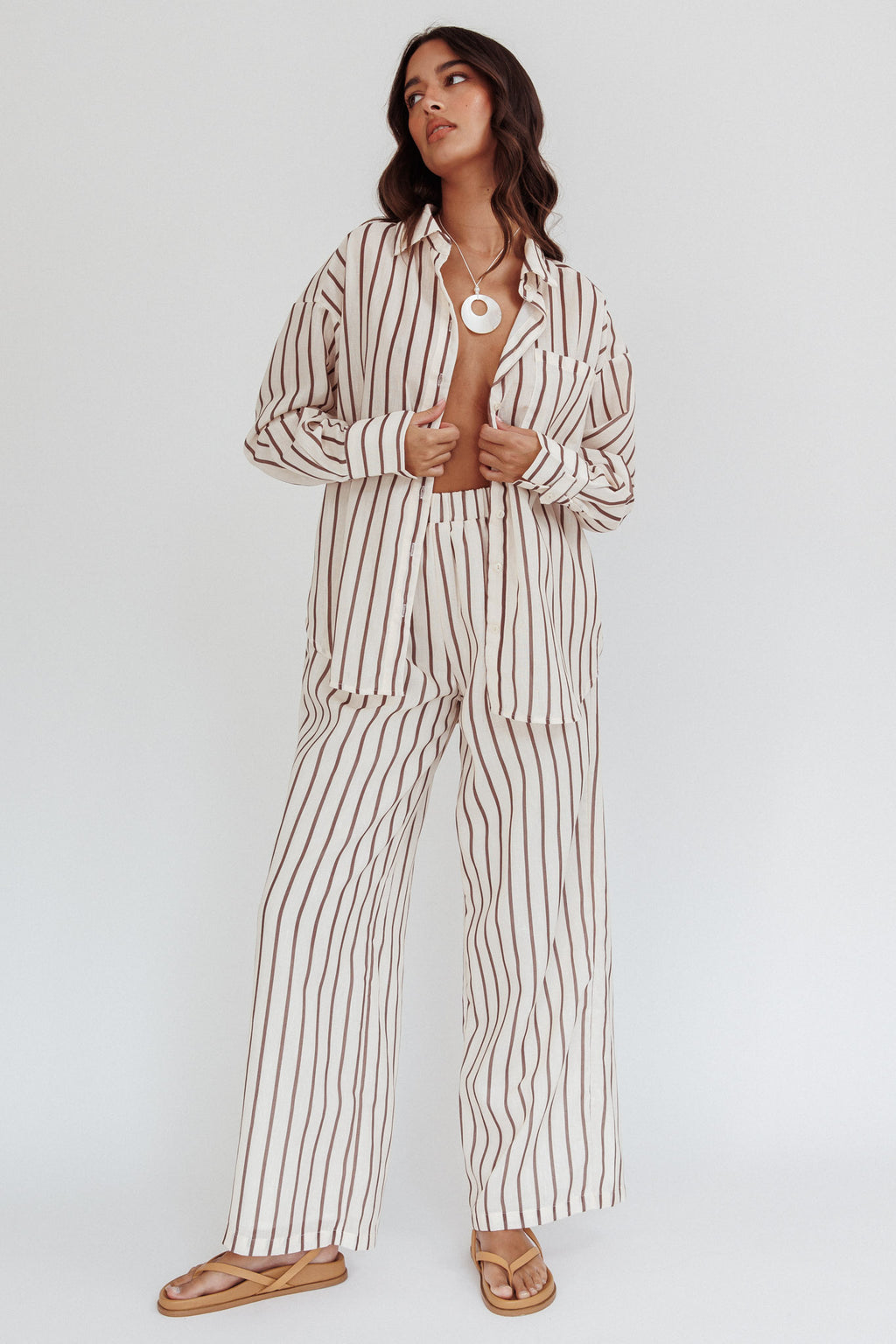 Alex Long Sleeve Shirt Stripe Latte by Selfie Leslie Australia