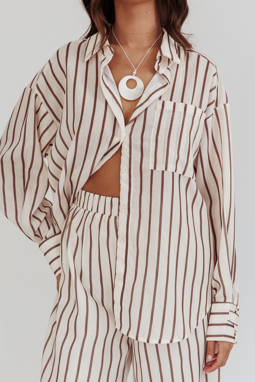 Alex Long Sleeve Shirt Stripe Latte by Selfie Leslie Australia