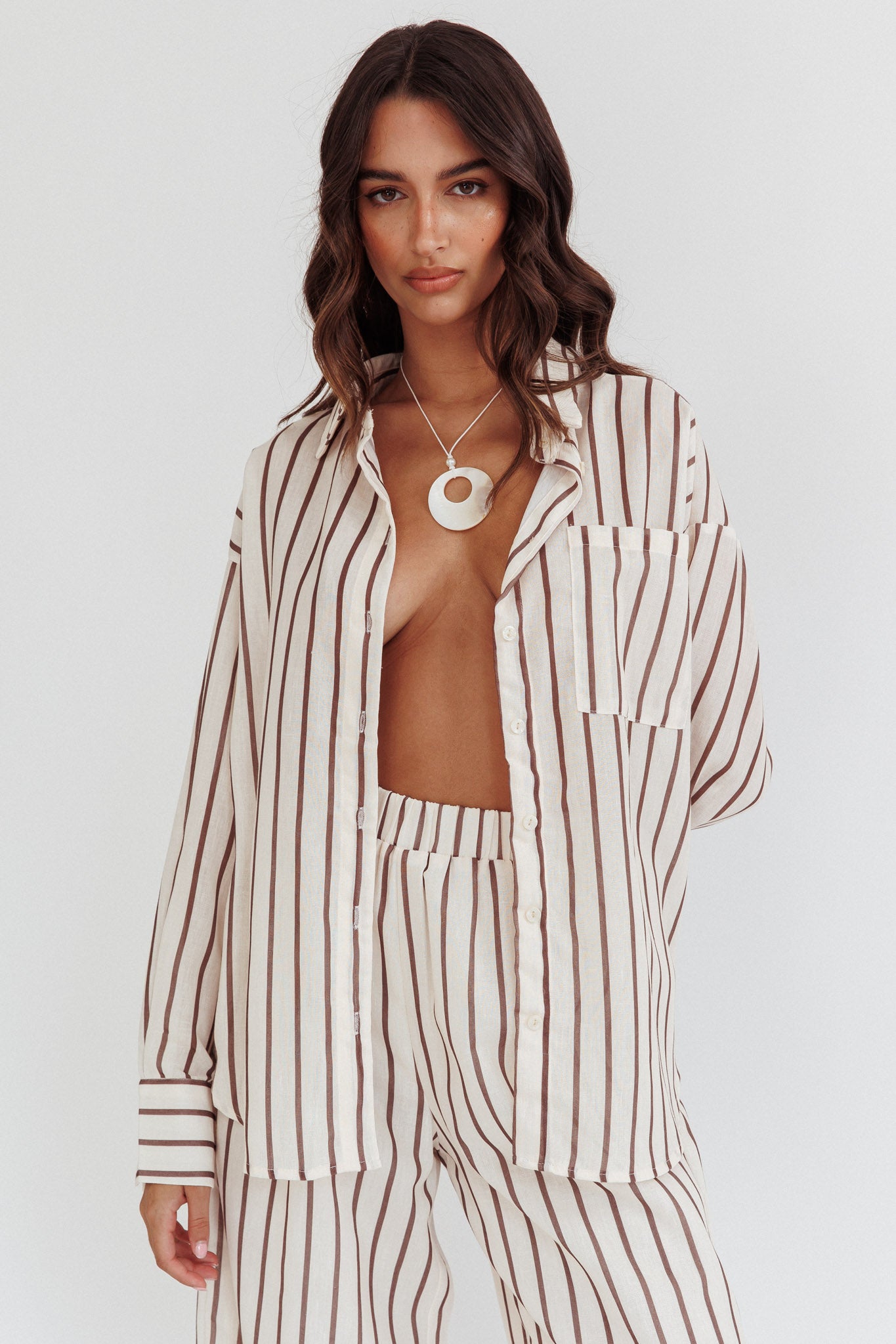 Alex Long Sleeve Shirt Stripe Latte by Selfie Leslie Australia