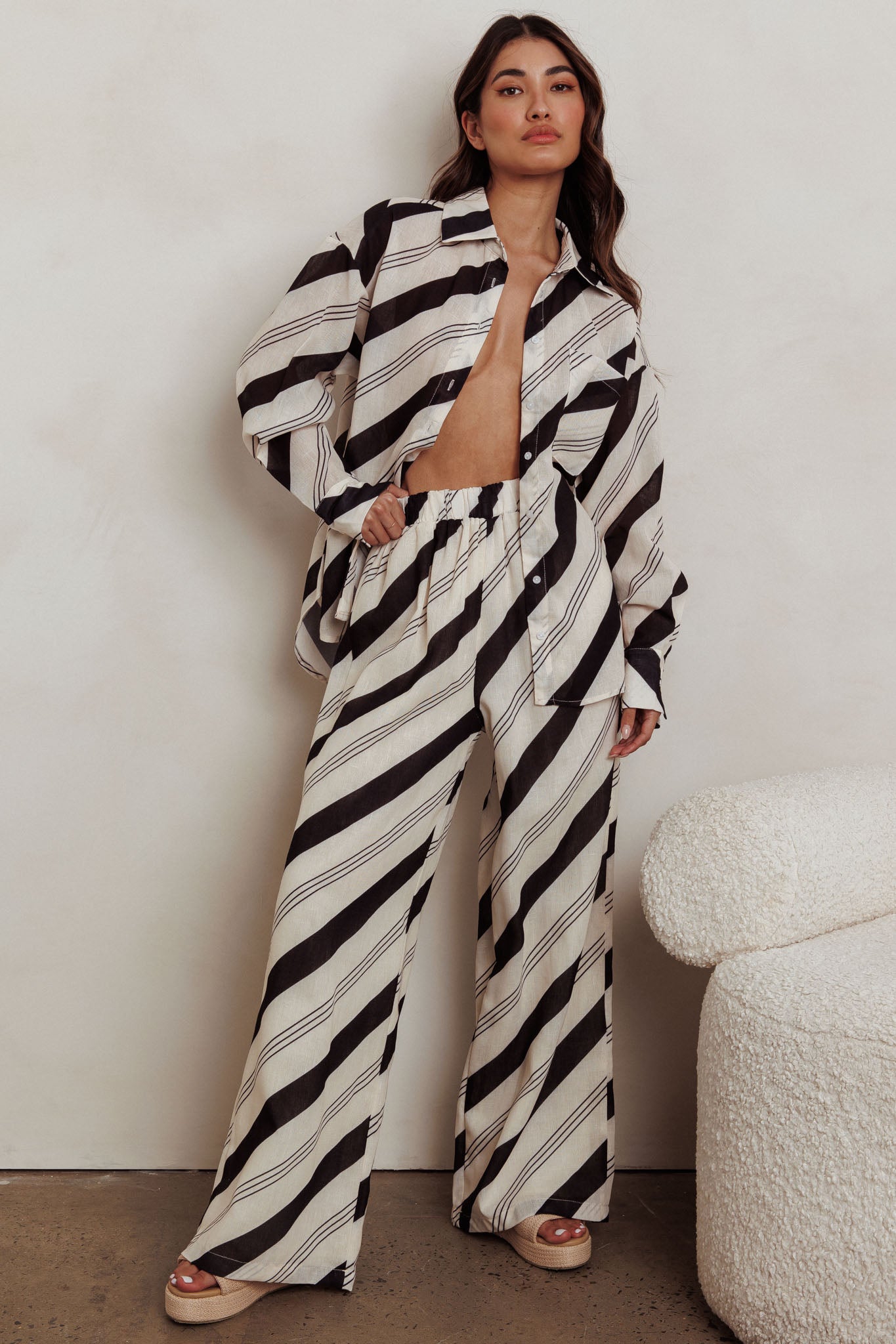 Alex Elastic Waist Striped Print Pant Black Cream by Selfie Leslie Australia
