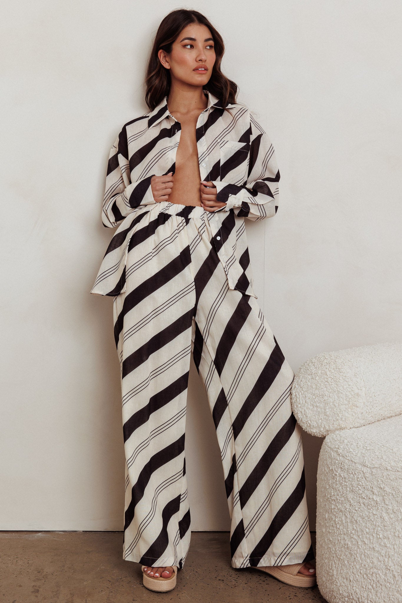 Alex Elastic Waist Striped Print Pant Black Cream by Selfie Leslie Australia
