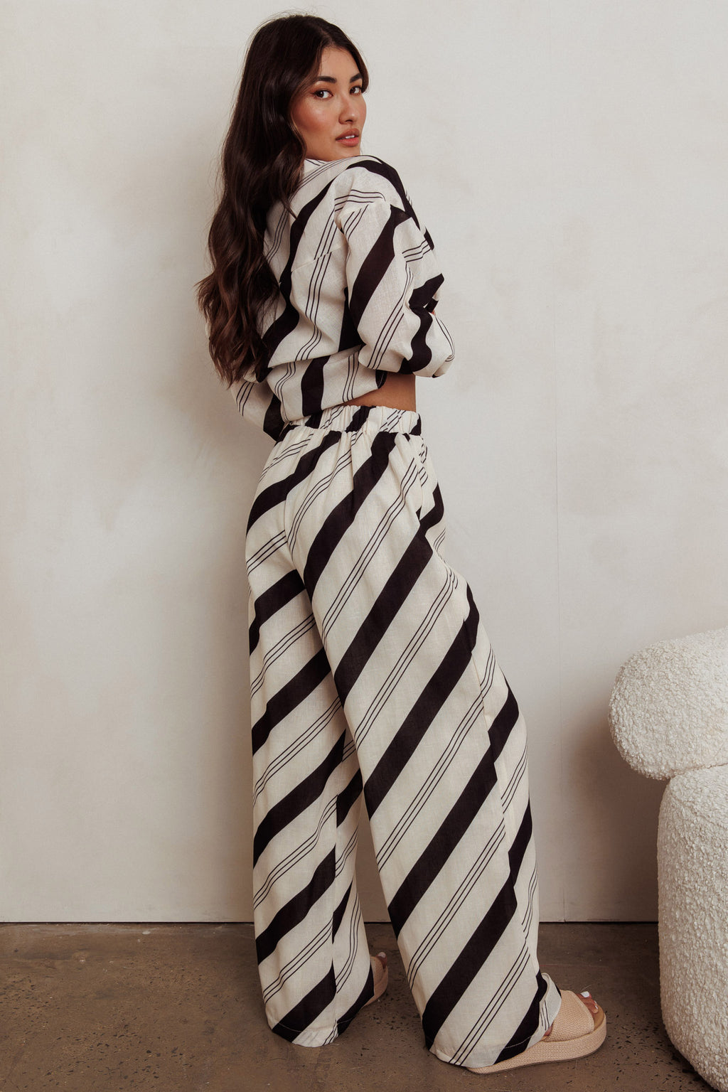 Alex Elastic Waist Striped Print Pant Black Cream by Selfie Leslie Australia