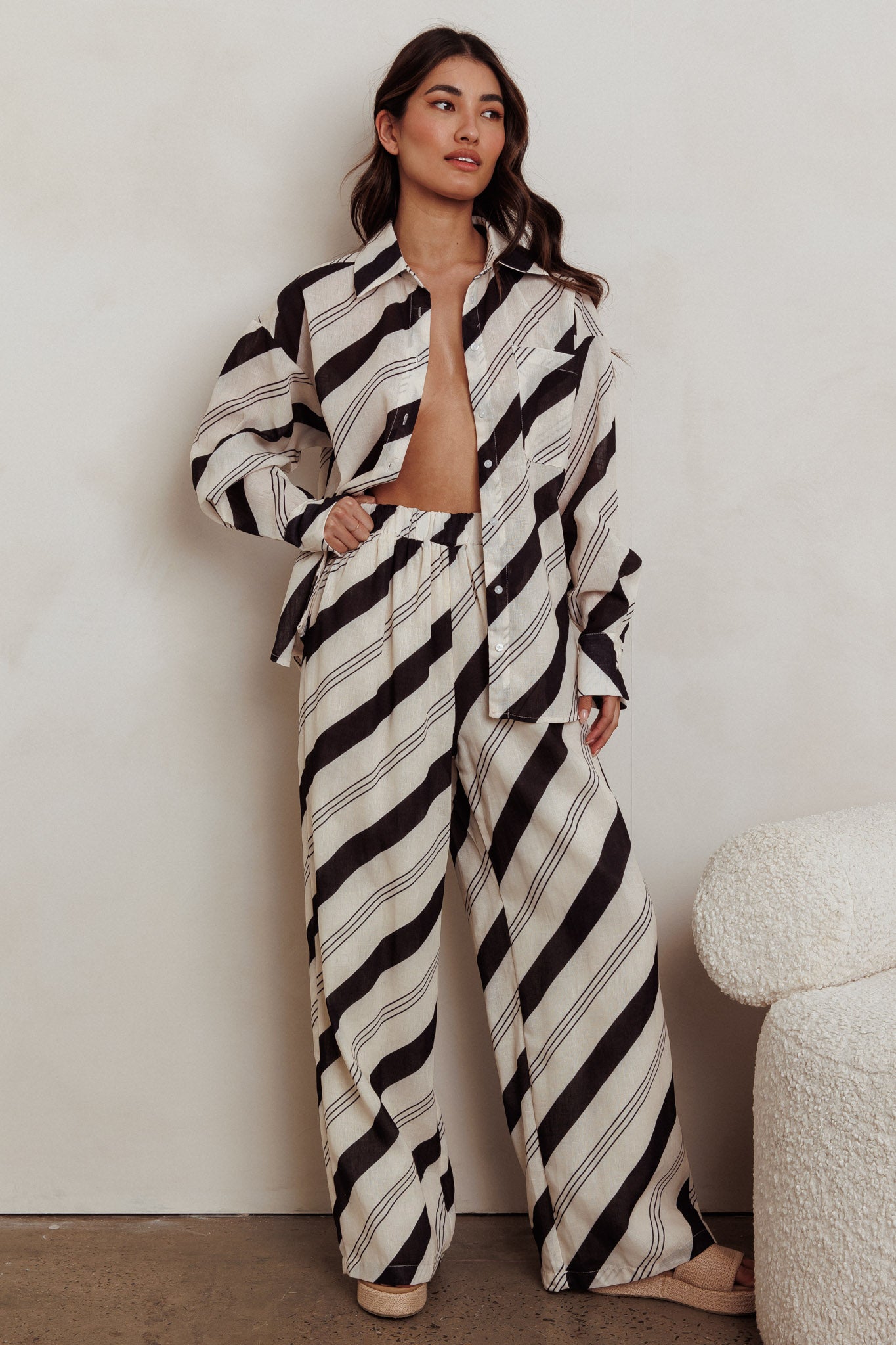 Alex Elastic Waist Striped Print Pant Black Cream by Selfie Leslie Australia