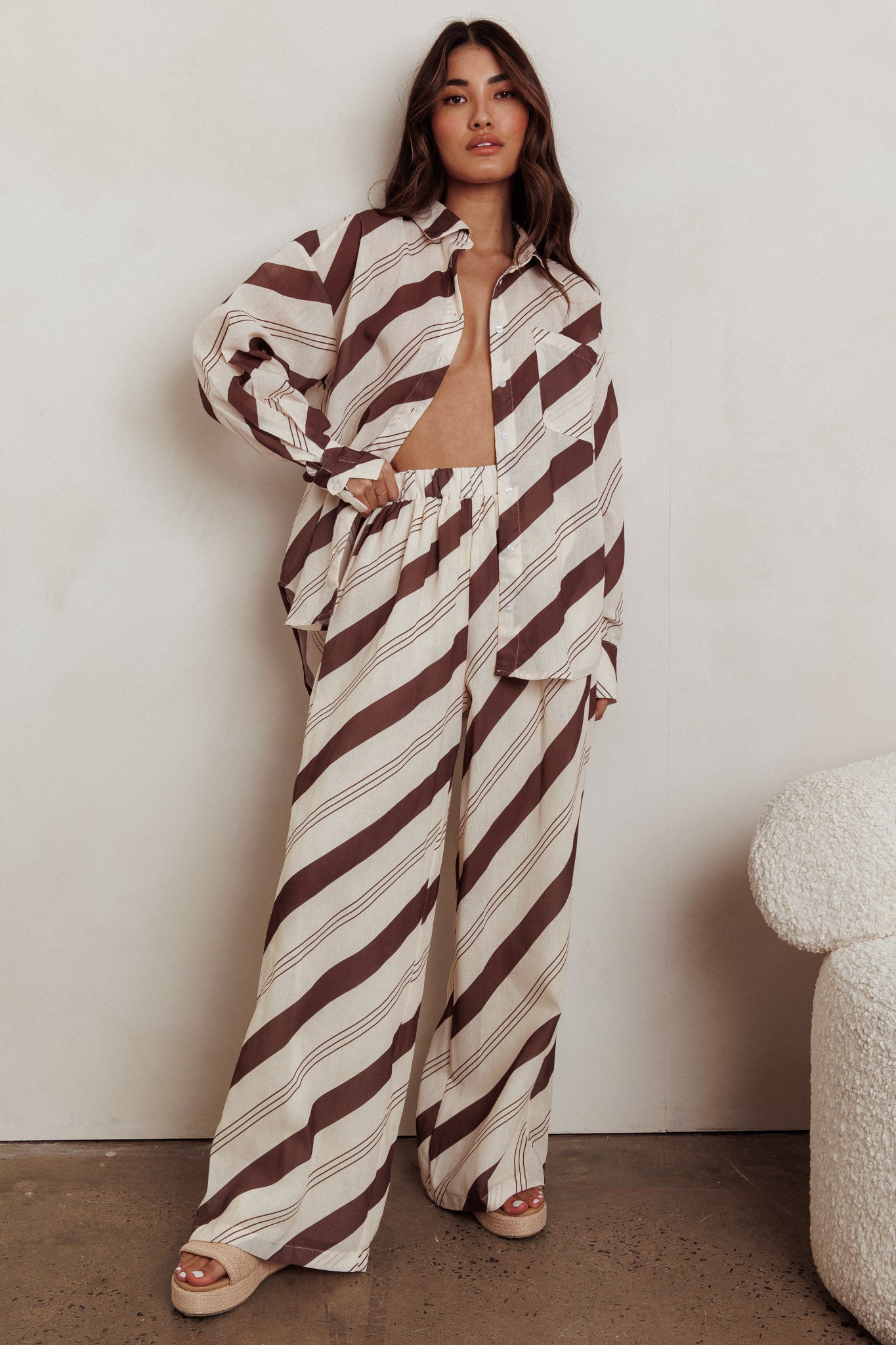Alex Elastic Waist Striped Print Pant Cream/Cacao by Selfie Leslie Australia