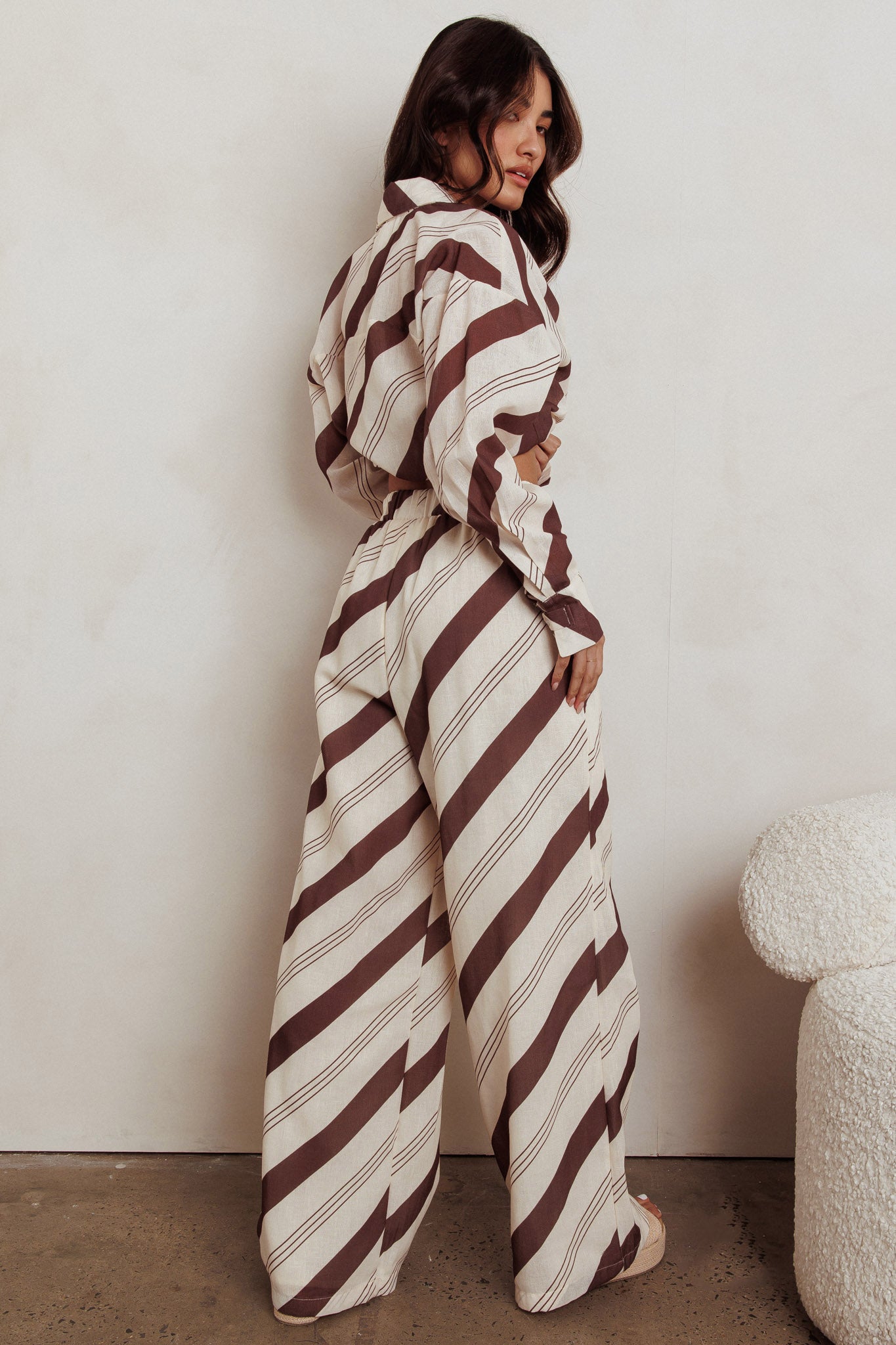 Alex Elastic Waist Striped Print Pant Cream/Cacao by Selfie Leslie Australia