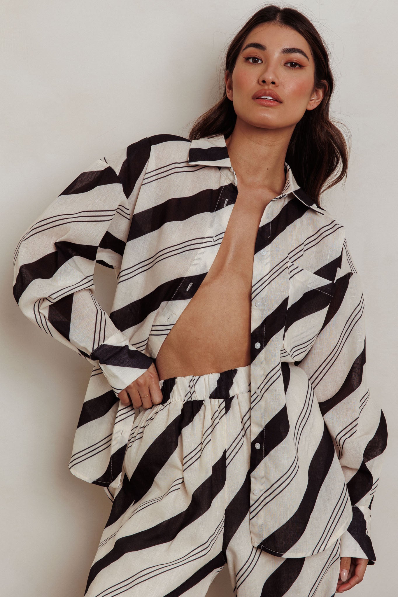 Alex Long Sleeve Striped Print Shirt Black Cream by Selfie Leslie Australia