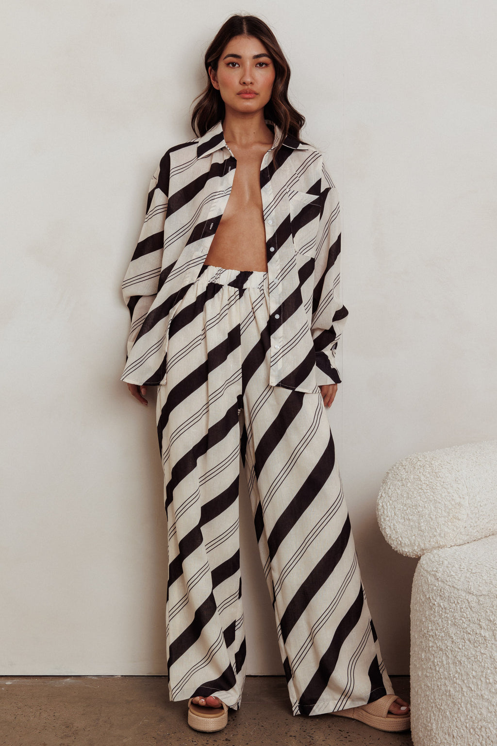 Alex Long Sleeve Striped Print Shirt Black Cream by Selfie Leslie Australia