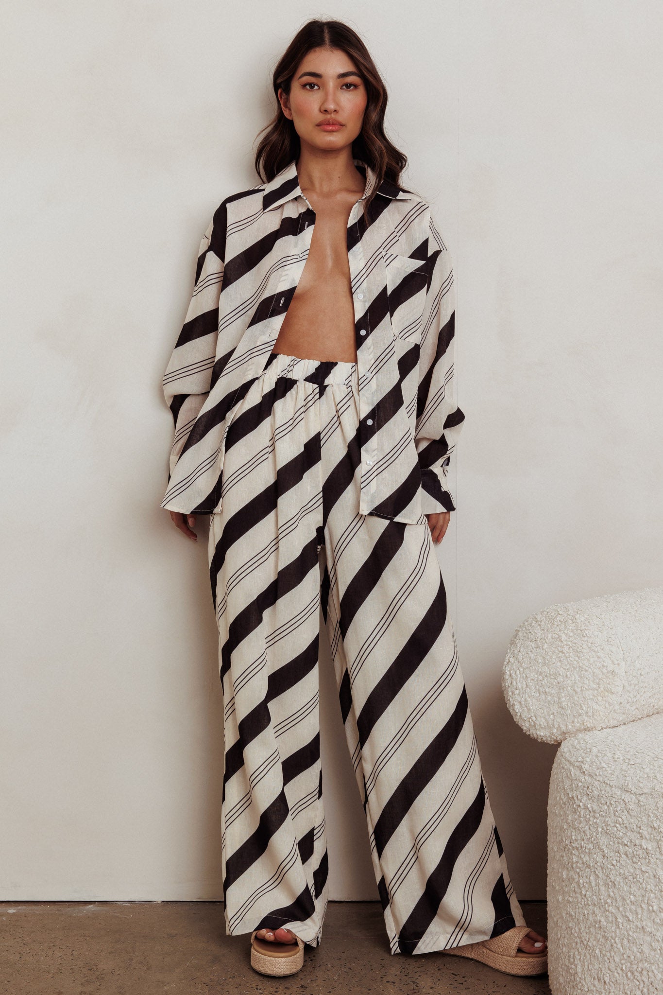 Alex Long Sleeve Striped Print Shirt Black Cream by Selfie Leslie Australia