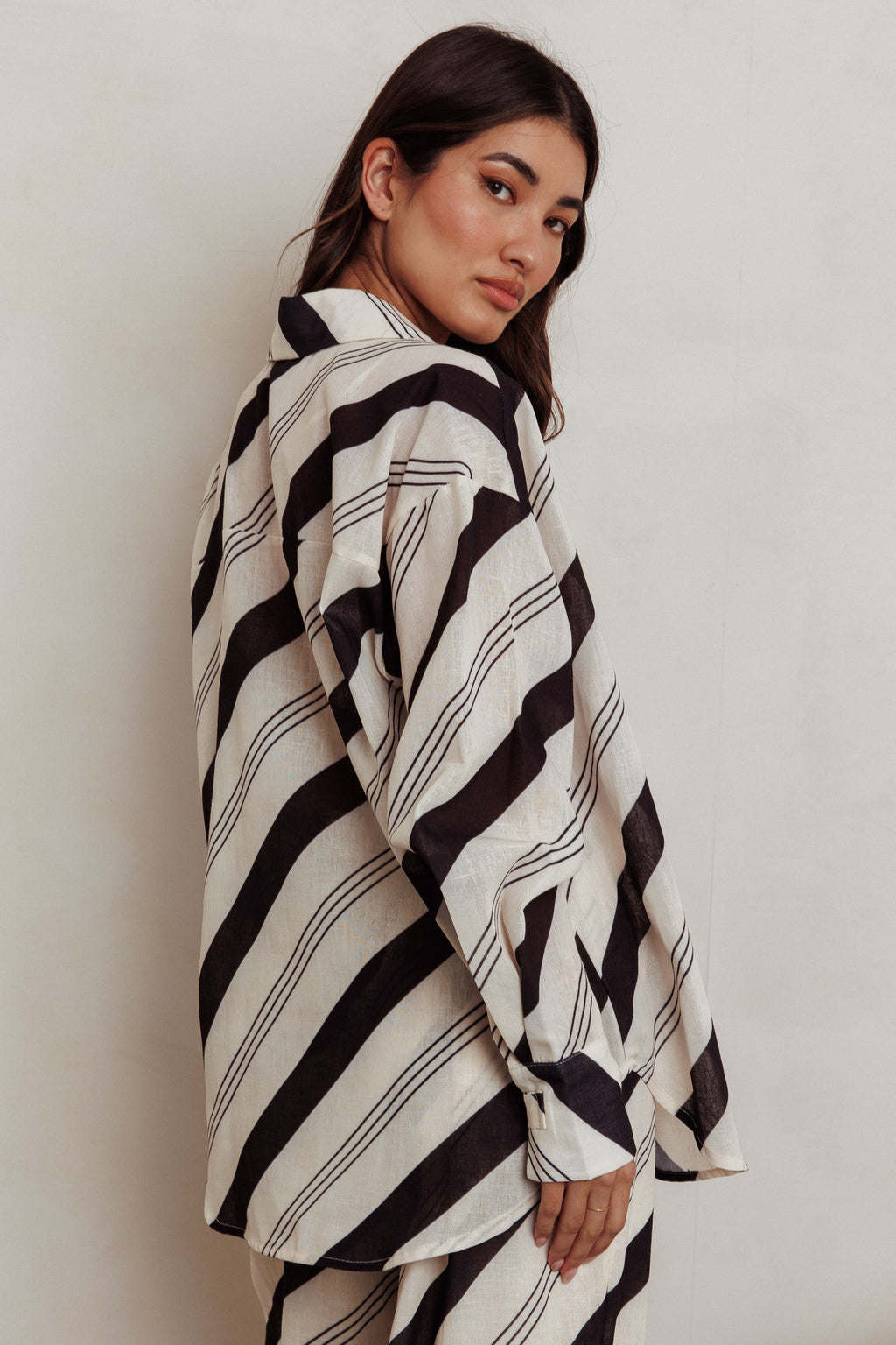Alex Long Sleeve Striped Print Shirt Black Cream by Selfie Leslie Australia