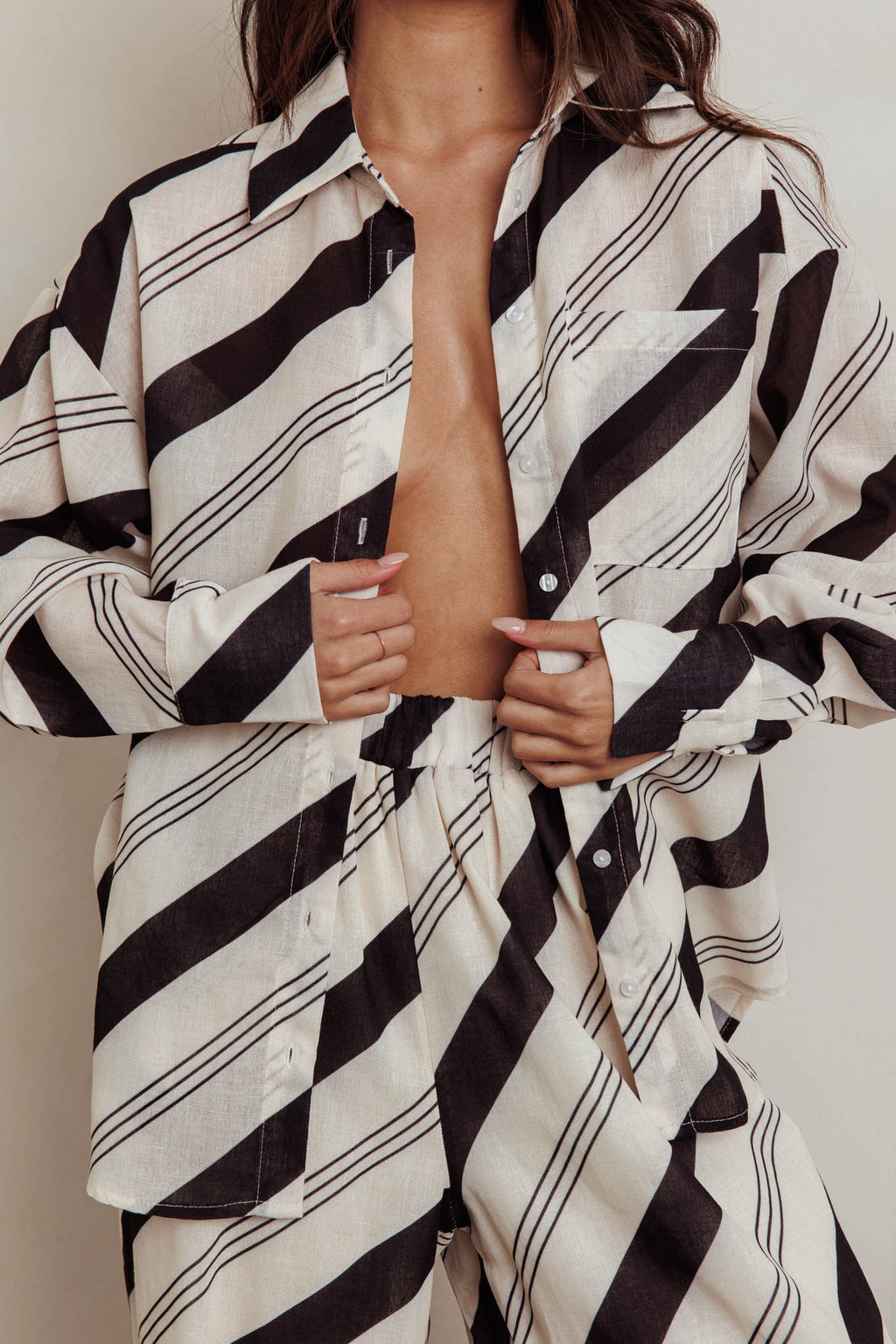 Alex Long Sleeve Striped Print Shirt Black Cream by Selfie Leslie Australia