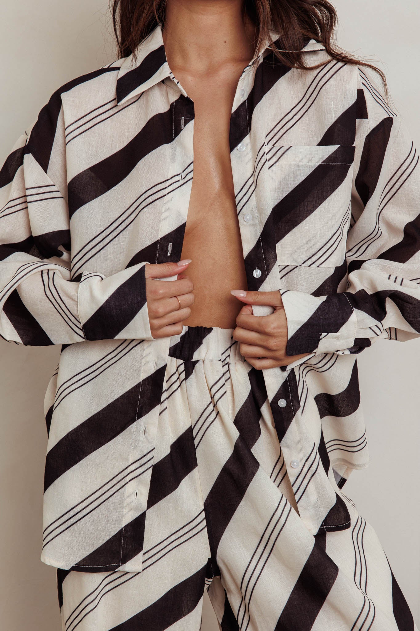 Alex Long Sleeve Striped Print Shirt Black Cream by Selfie Leslie Australia