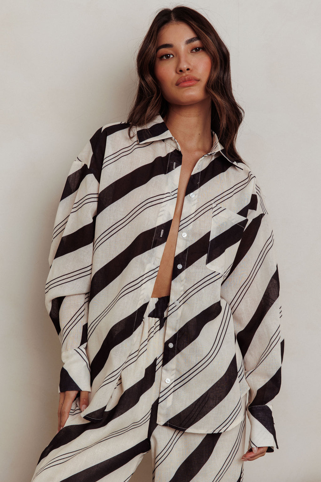 Alex Long Sleeve Striped Print Shirt Black Cream by Selfie Leslie Australia