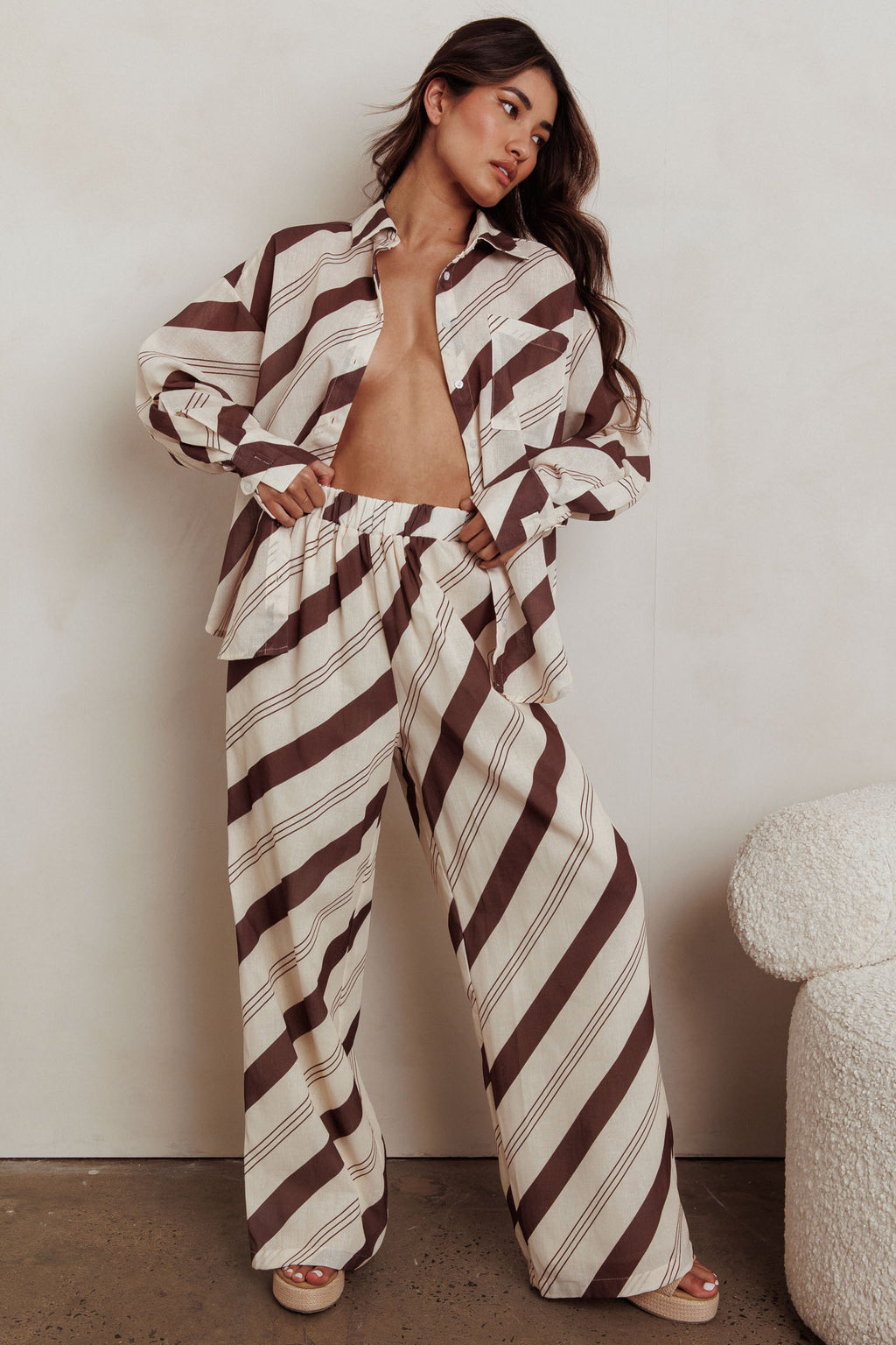 Alex Long Sleeve Striped Print Shirt Cream/Cacao by Selfie Leslie Australia