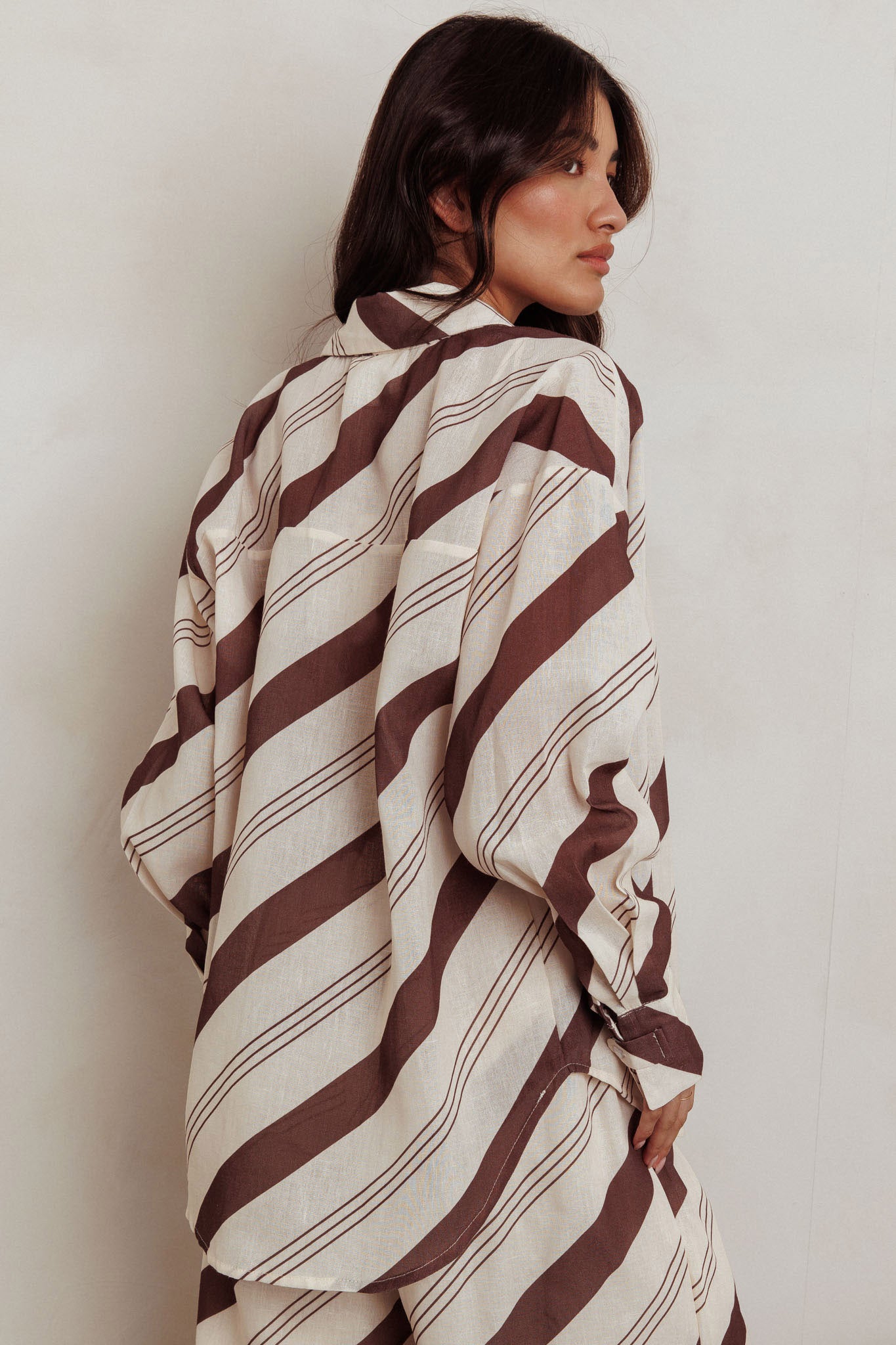 Alex Long Sleeve Striped Print Shirt Cream/Cacao by Selfie Leslie Australia