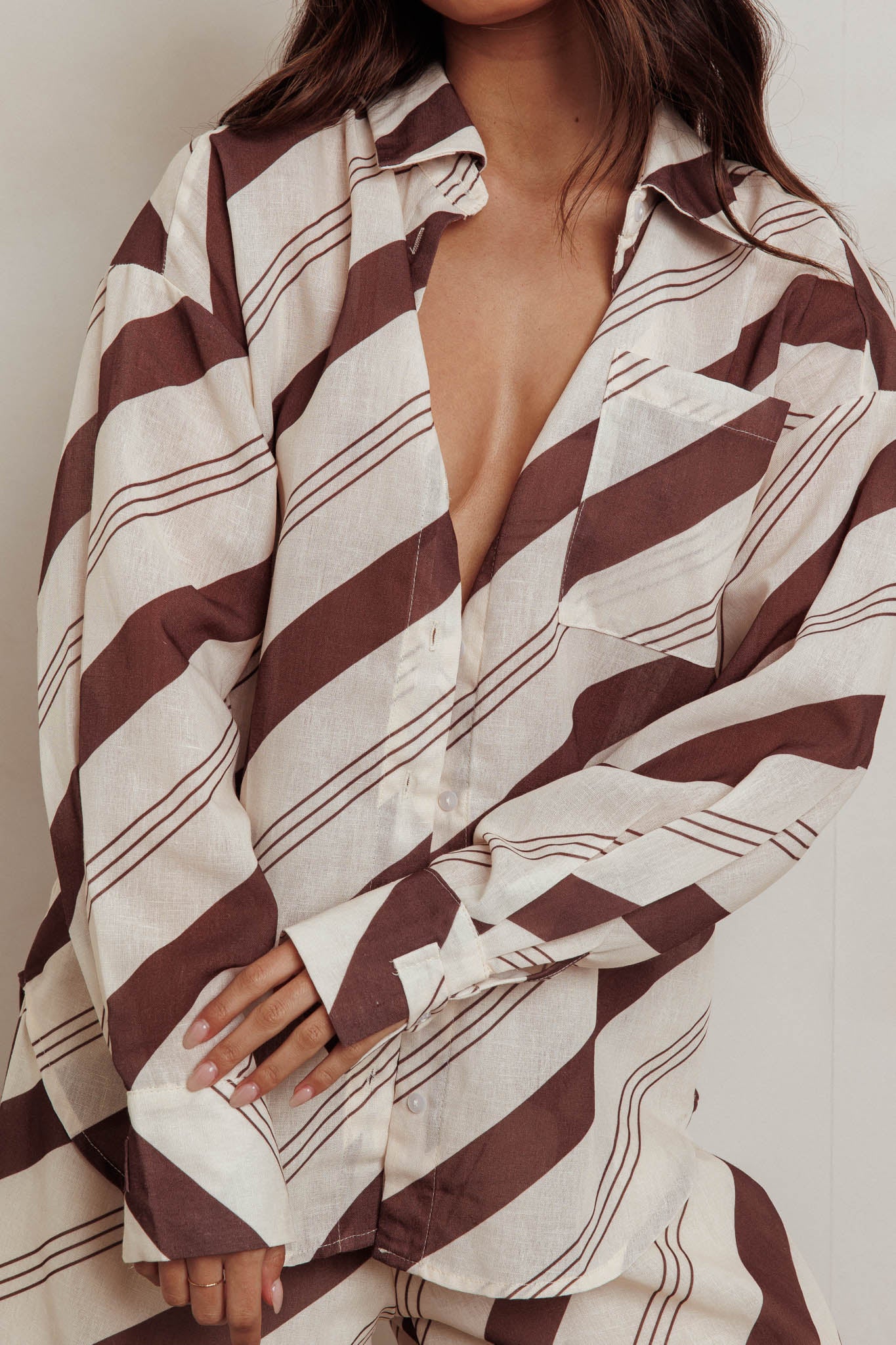 Alex Long Sleeve Striped Print Shirt Cream/Cacao by Selfie Leslie Australia