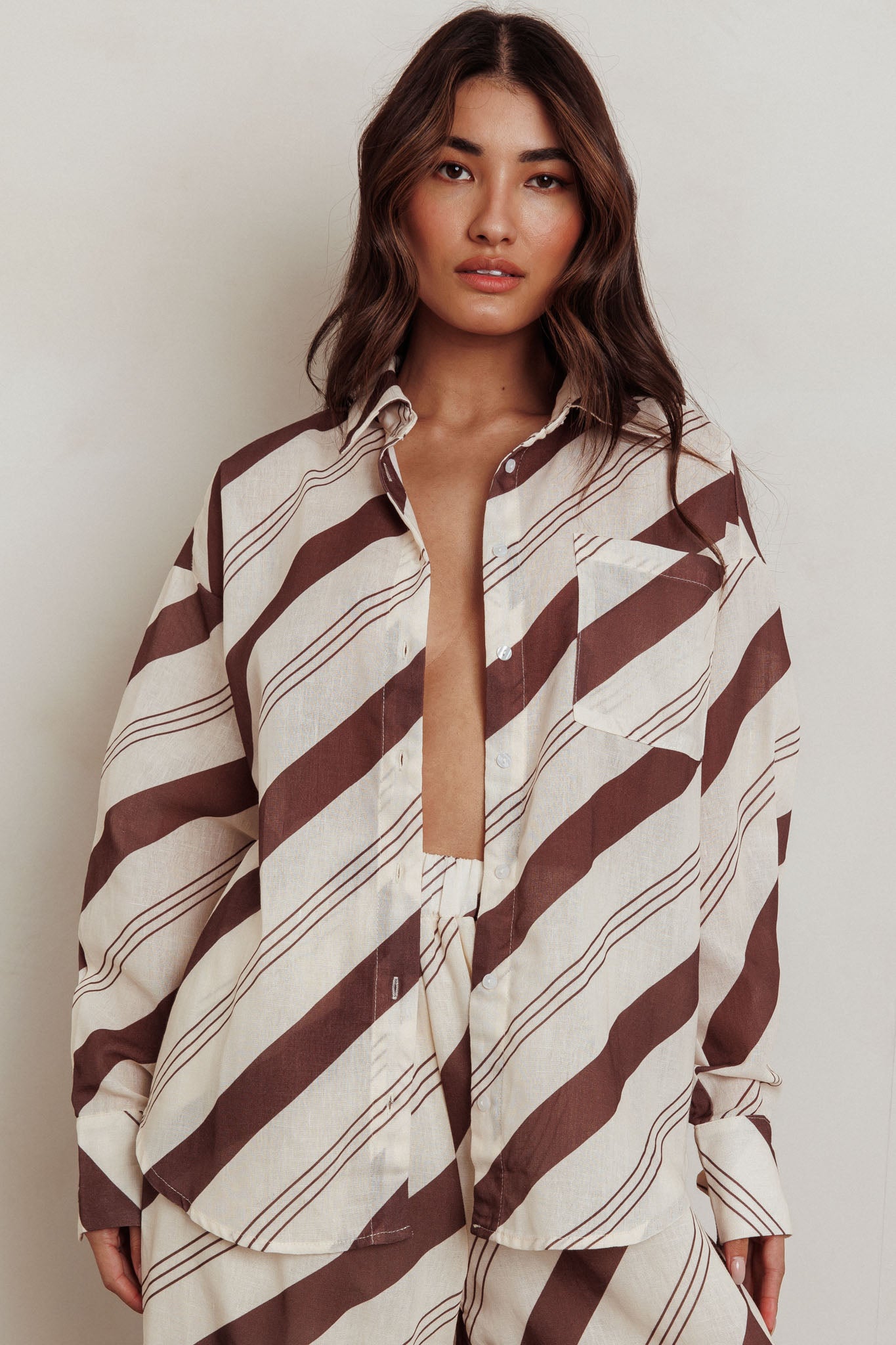 Alex Long Sleeve Striped Print Shirt Cream/Cacao by Selfie Leslie Australia