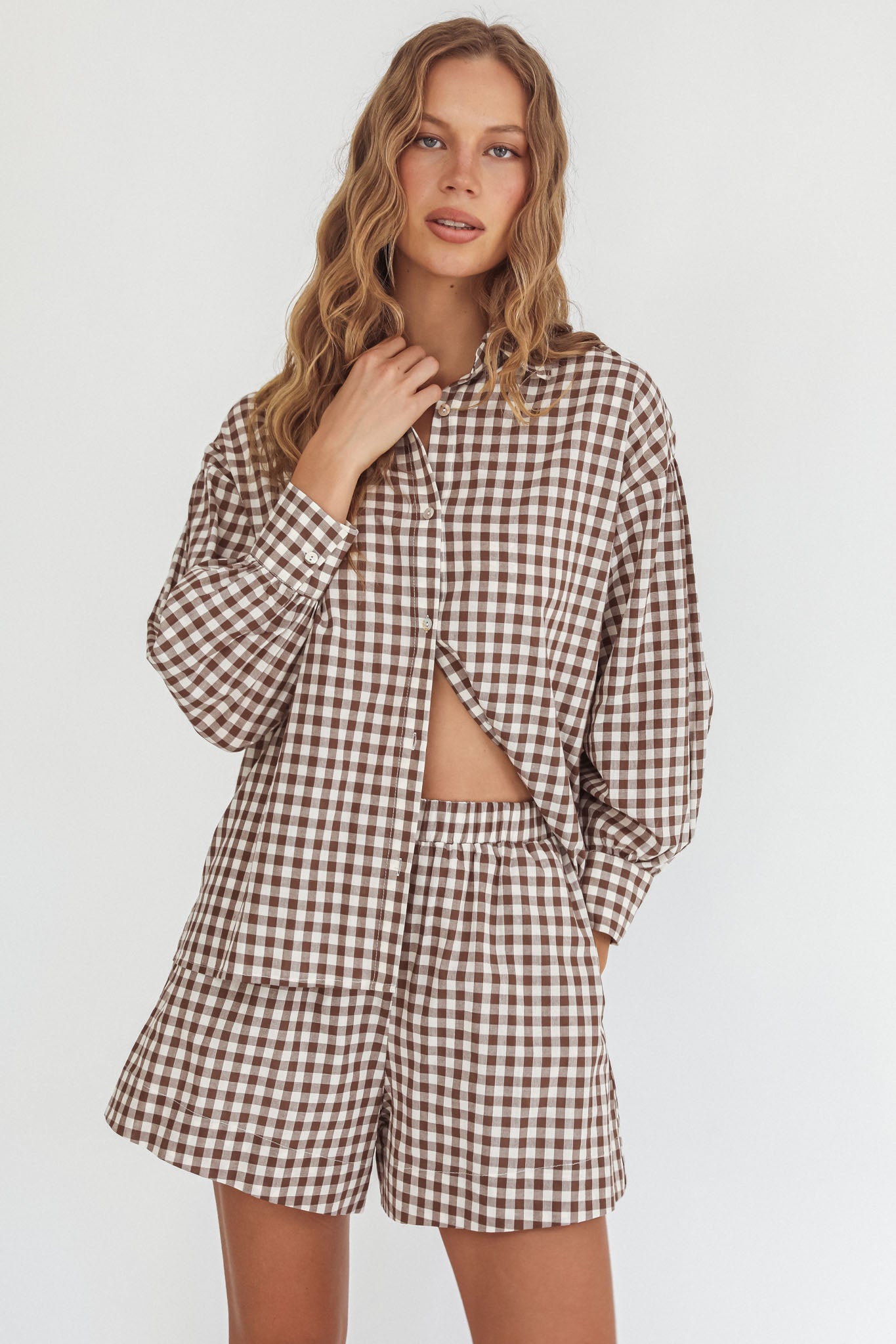 Weekends Away Elastic Waist Shorts Brown Check by Selfie Leslie Australia