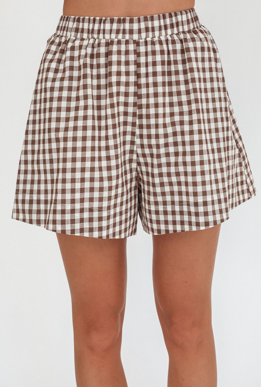 Weekends Away Elastic Waist Shorts Brown Check by Selfie Leslie Australia