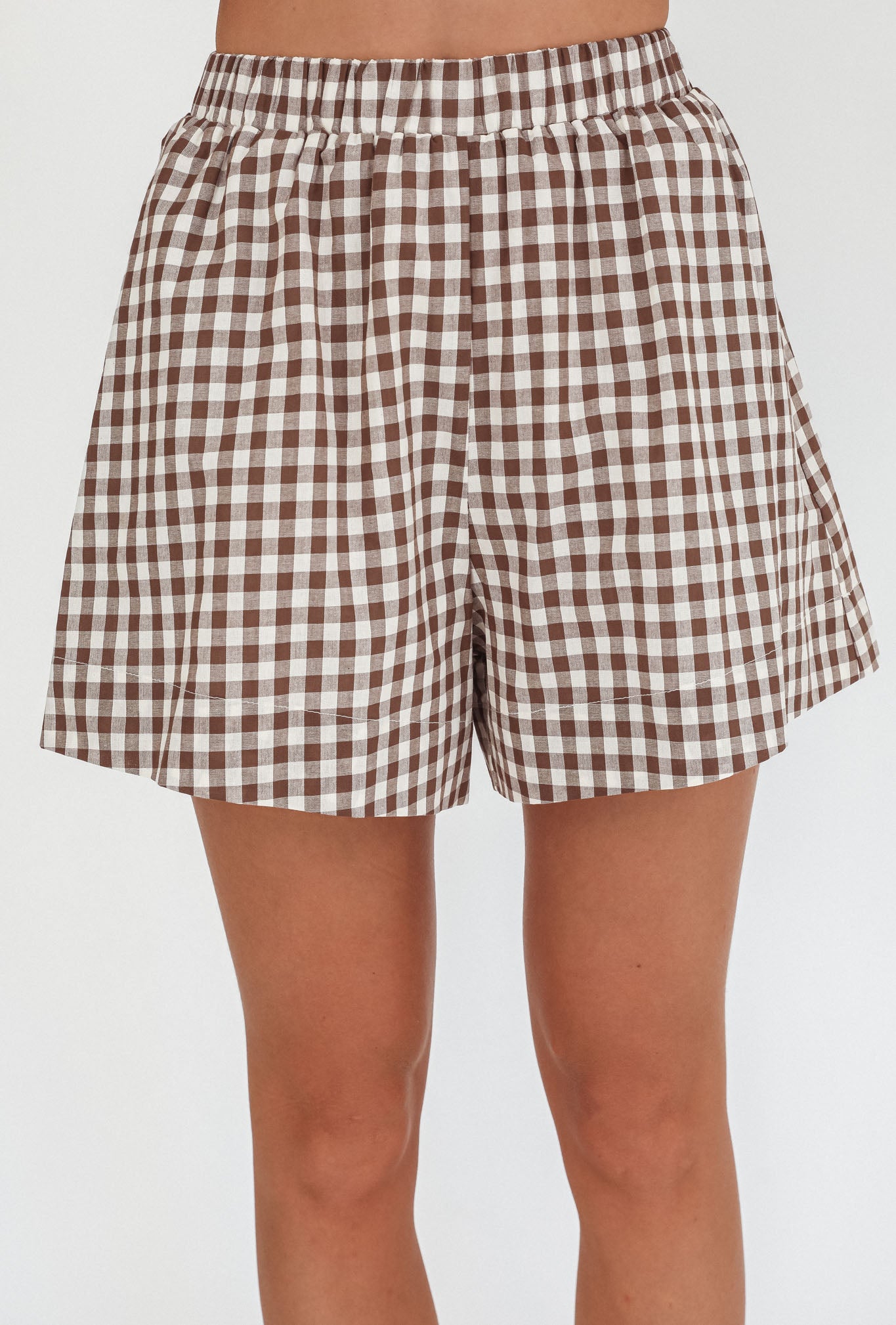 Weekends Away Elastic Waist Shorts Brown Check by Selfie Leslie Australia