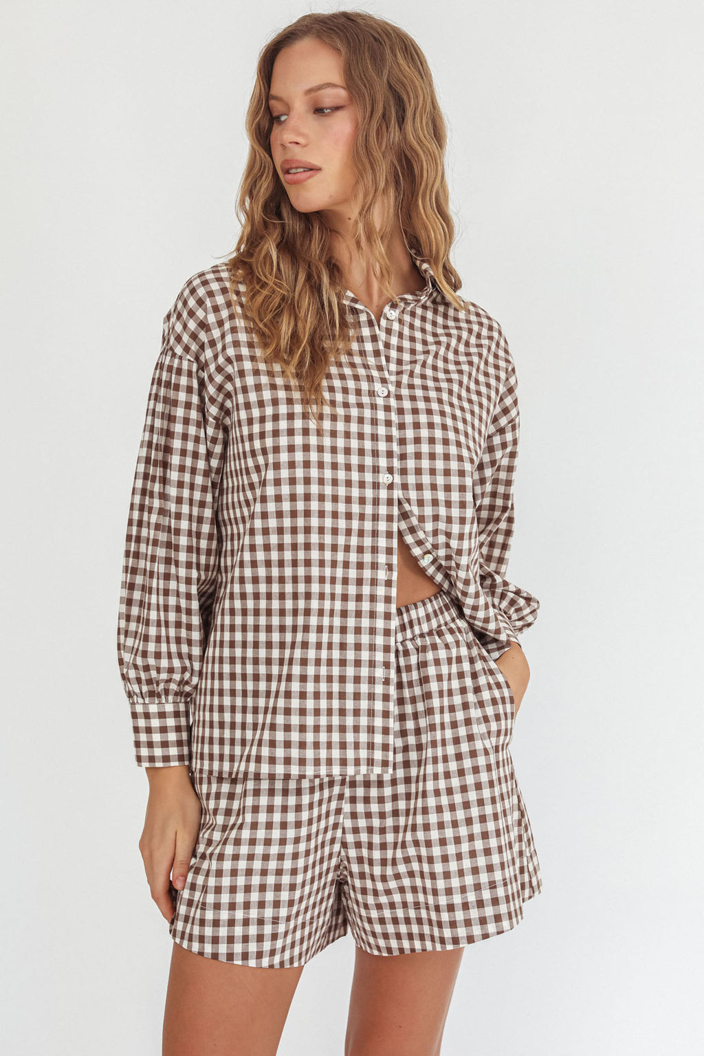 Weekends Away Elastic Waist Shorts Brown Check by Selfie Leslie Australia