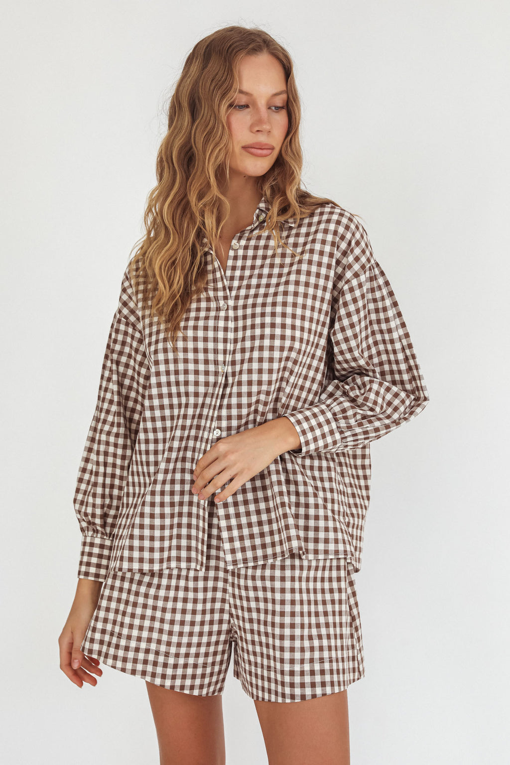 Weekends Away Long Sleeve Button Top Brown Check by Selfie Leslie Australia