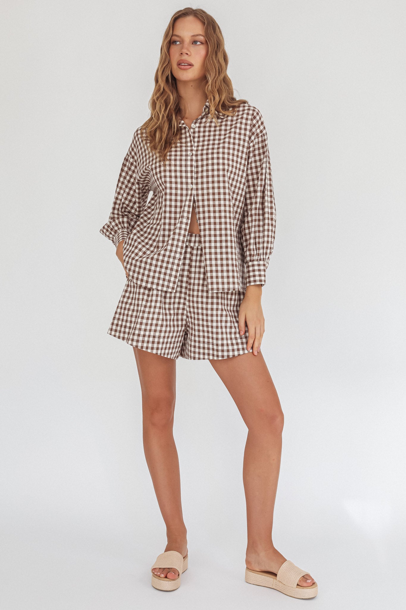 Weekends Away Long Sleeve Button Top Brown Check by Selfie Leslie Australia
