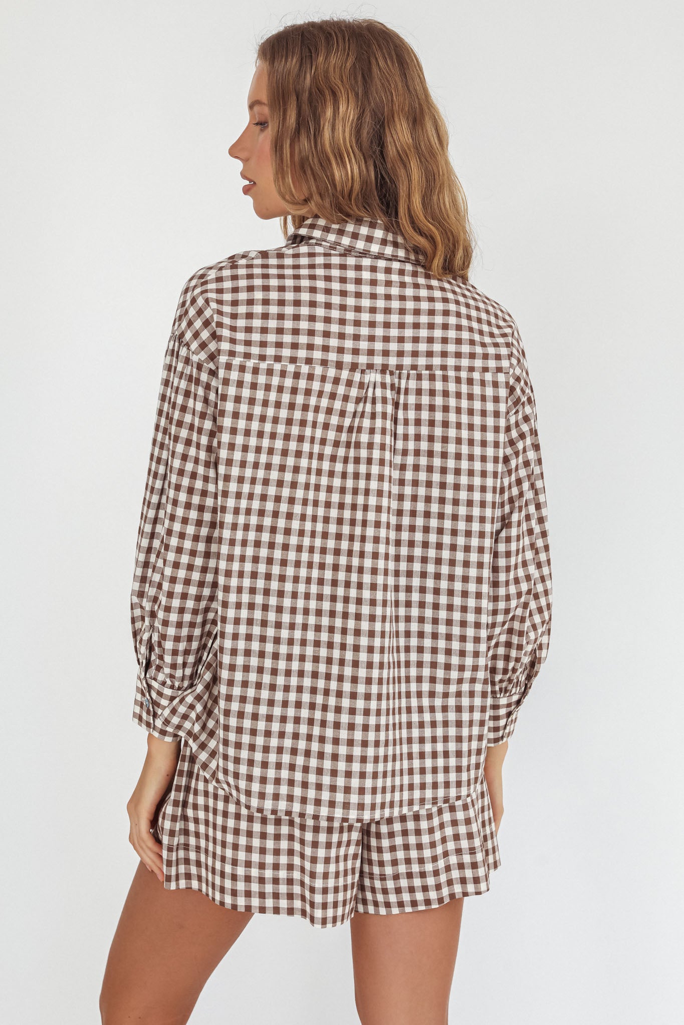 Weekends Away Long Sleeve Button Top Brown Check by Selfie Leslie Australia
