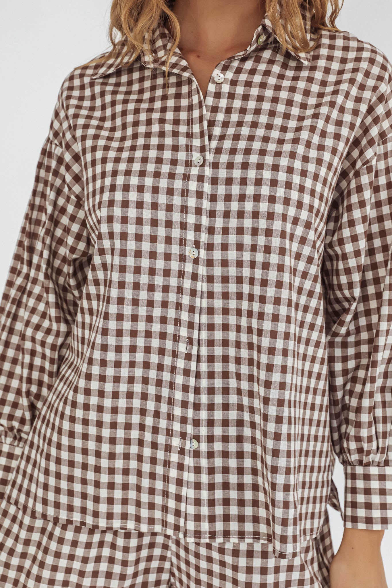 Weekends Away Long Sleeve Button Top Brown Check by Selfie Leslie Australia