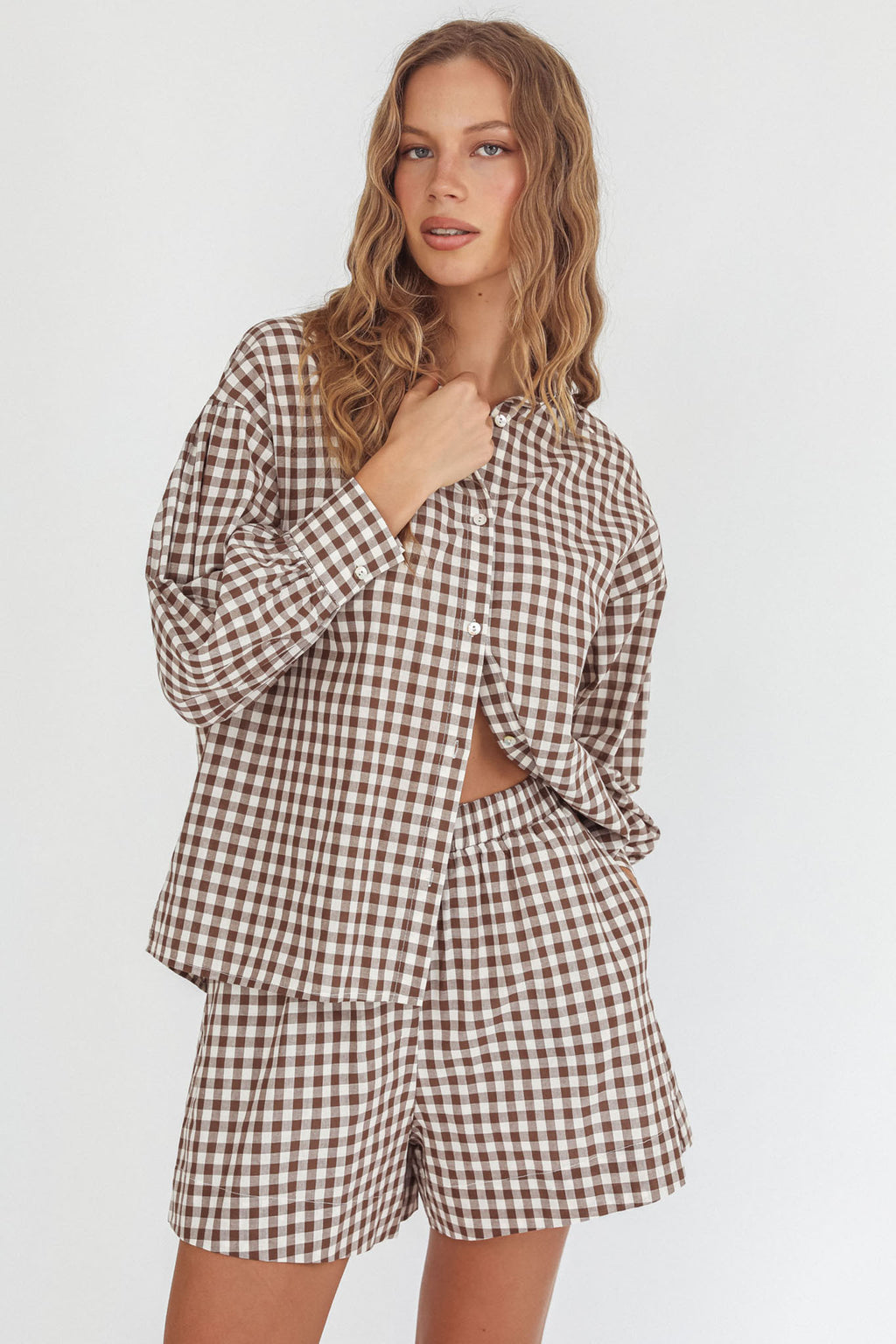 Weekends Away Long Sleeve Button Top Brown Check by Selfie Leslie Australia