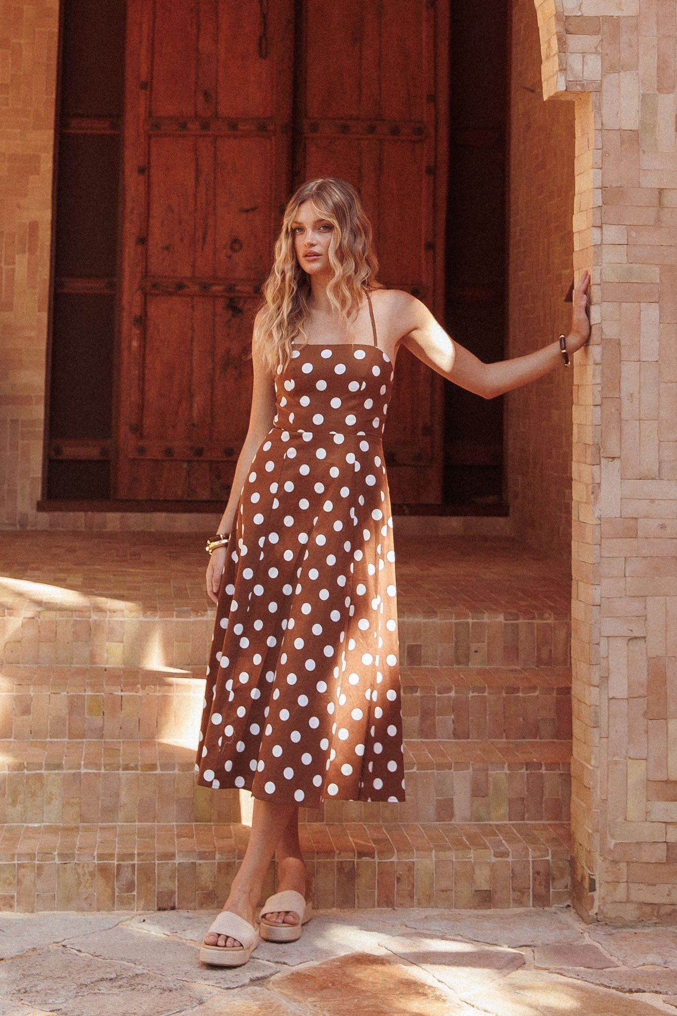 Second Glance Olga Criss-Cross Back Midi Dress Polka Dot Brown | Selfie Leslie Australia Second Glance Olga Criss-Cross Back Midi Dress Polka Dot Brown | Selfie Leslie Australia