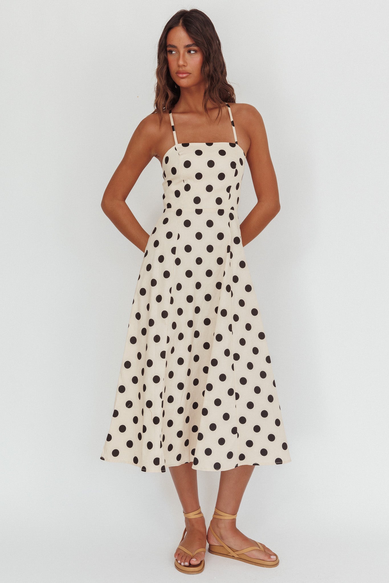 Second Glance Olga Criss-Cross Back Midi Dress Polka Dot Beige by Selfie Leslie Australia
