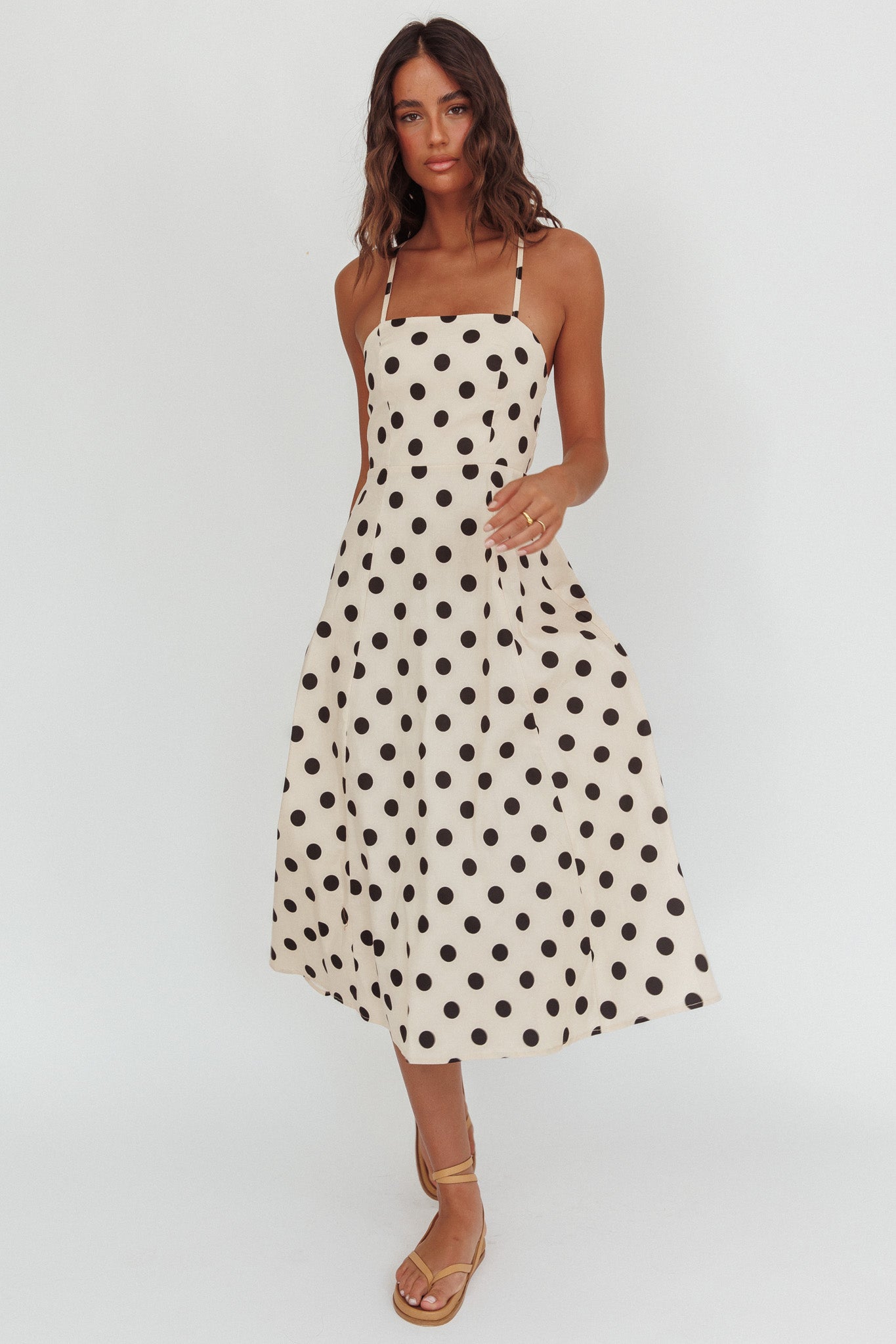 Second Glance Olga Criss-Cross Back Midi Dress Polka Dot Beige by Selfie Leslie Australia