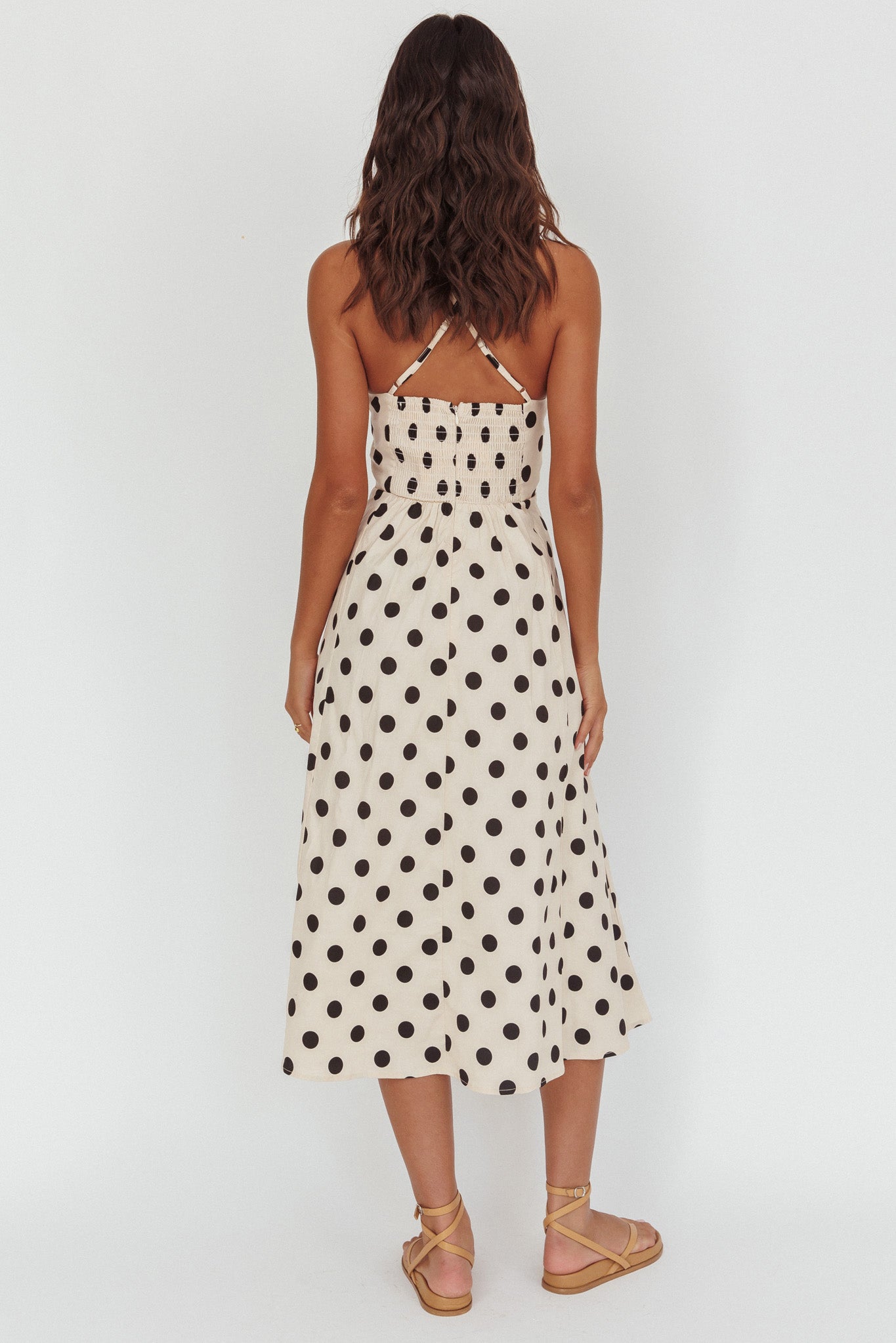 Second Glance Olga Criss-Cross Back Midi Dress Polka Dot Beige by Selfie Leslie Australia