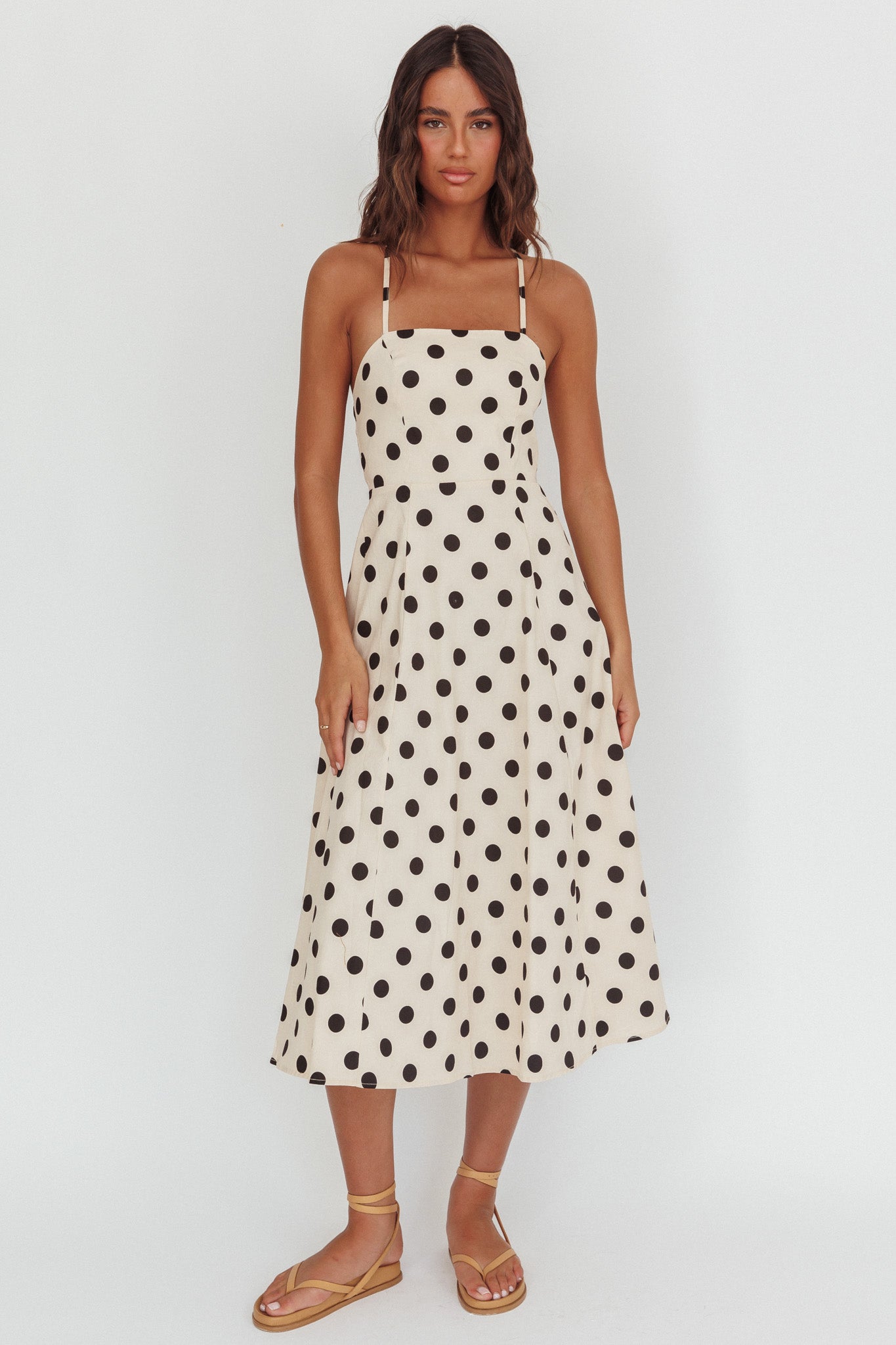 Second Glance Olga Criss-Cross Back Midi Dress Polka Dot Beige by Selfie Leslie Australia