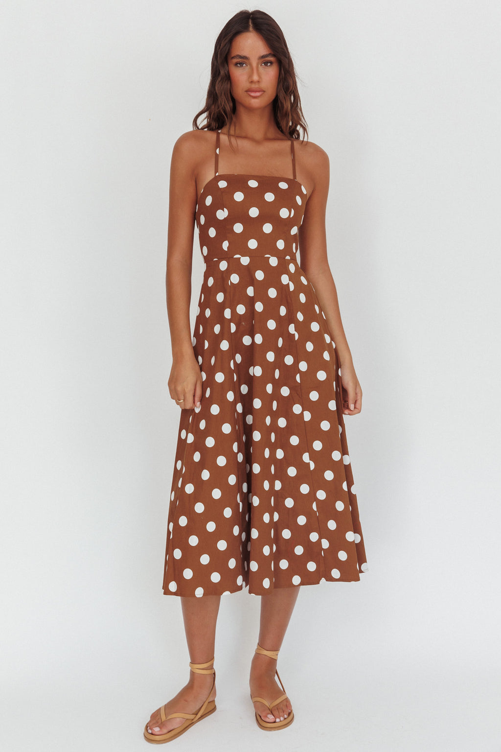 Second Glance Olga Criss-Cross Back Midi Dress Polka Dot Brown by Selfie Leslie Australia