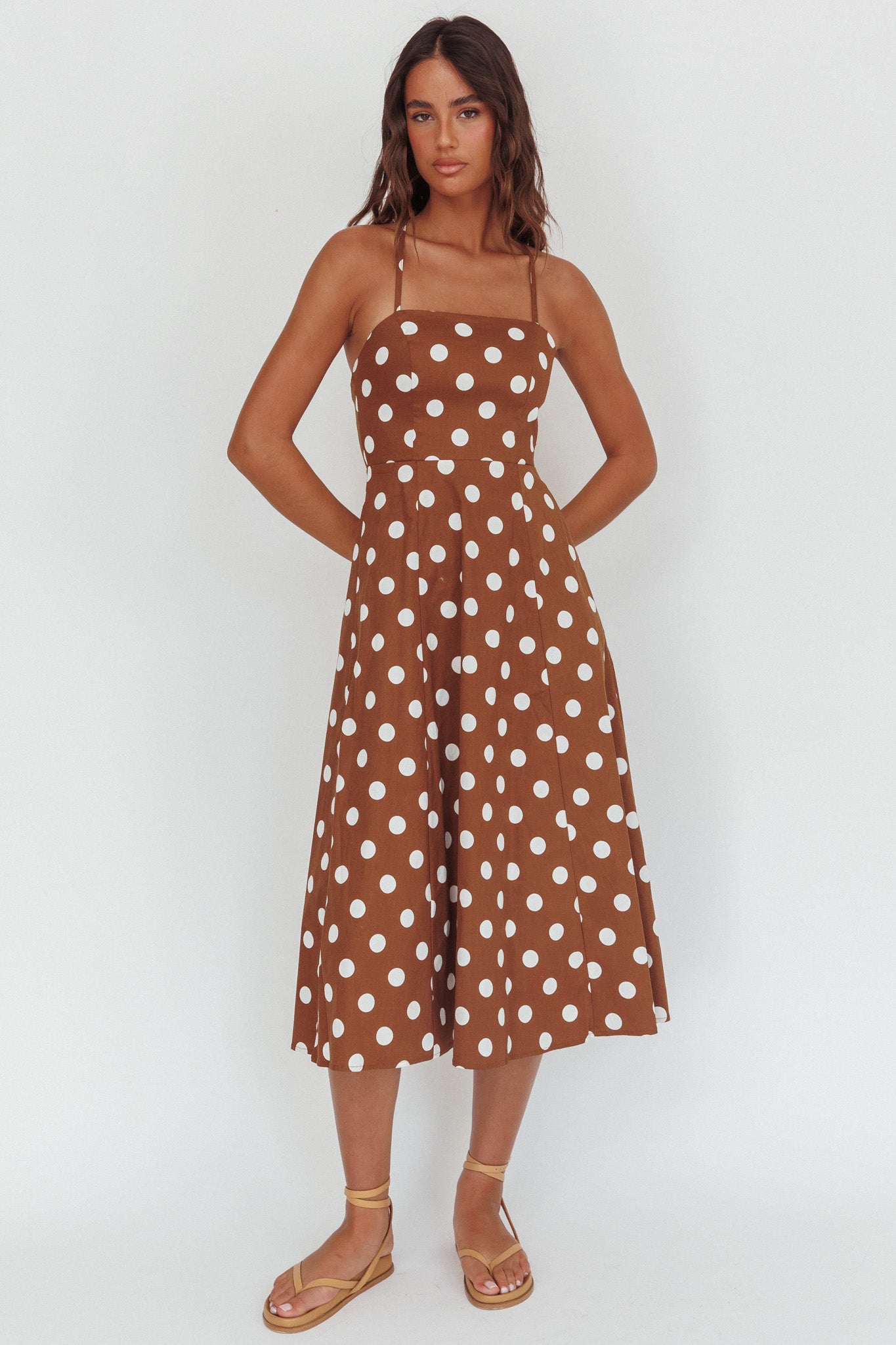 Second Glance Olga Criss-Cross Back Midi Dress Polka Dot Brown by Selfie Leslie Australia