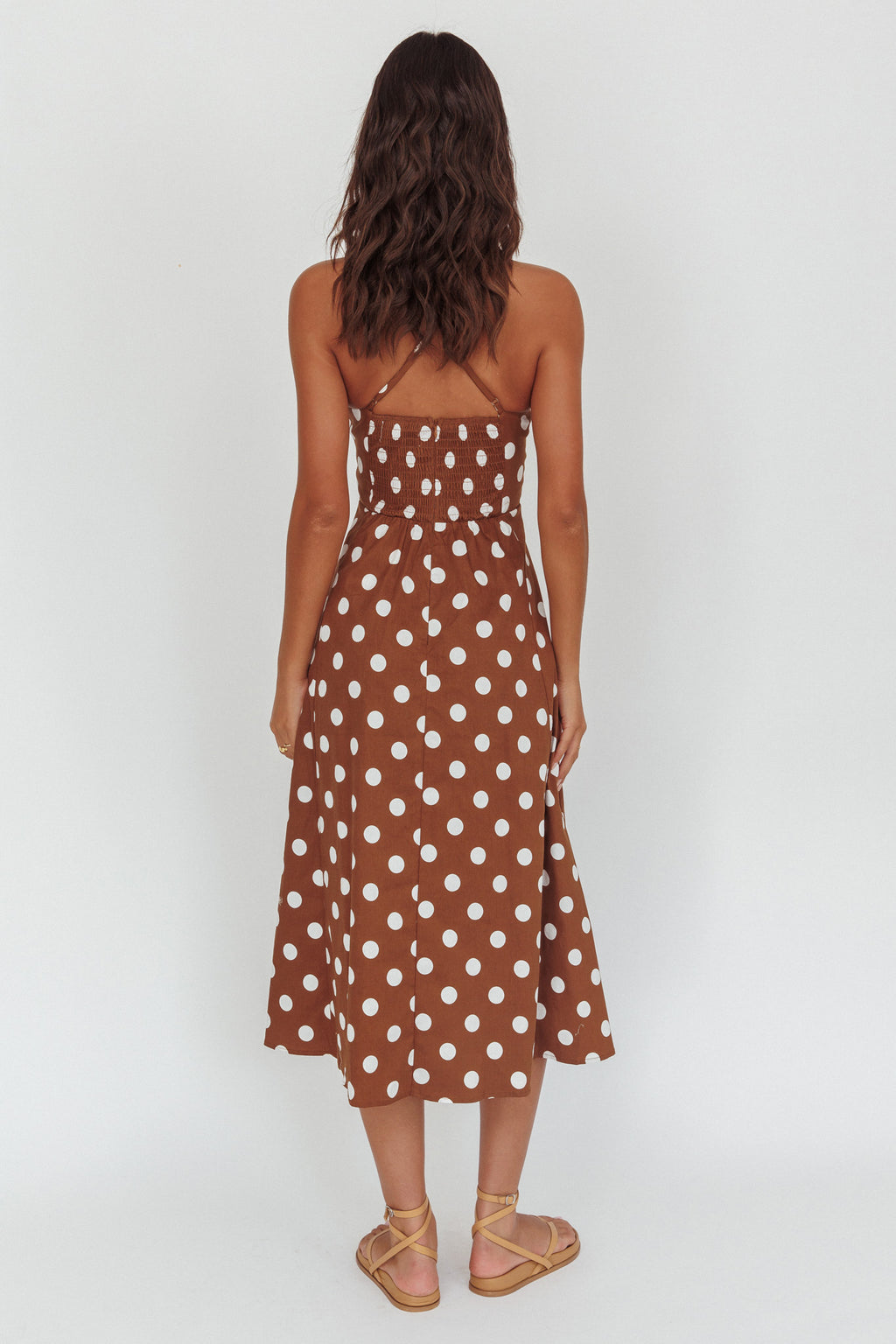 Second Glance Olga Criss-Cross Back Midi Dress Polka Dot Brown by Selfie Leslie Australia